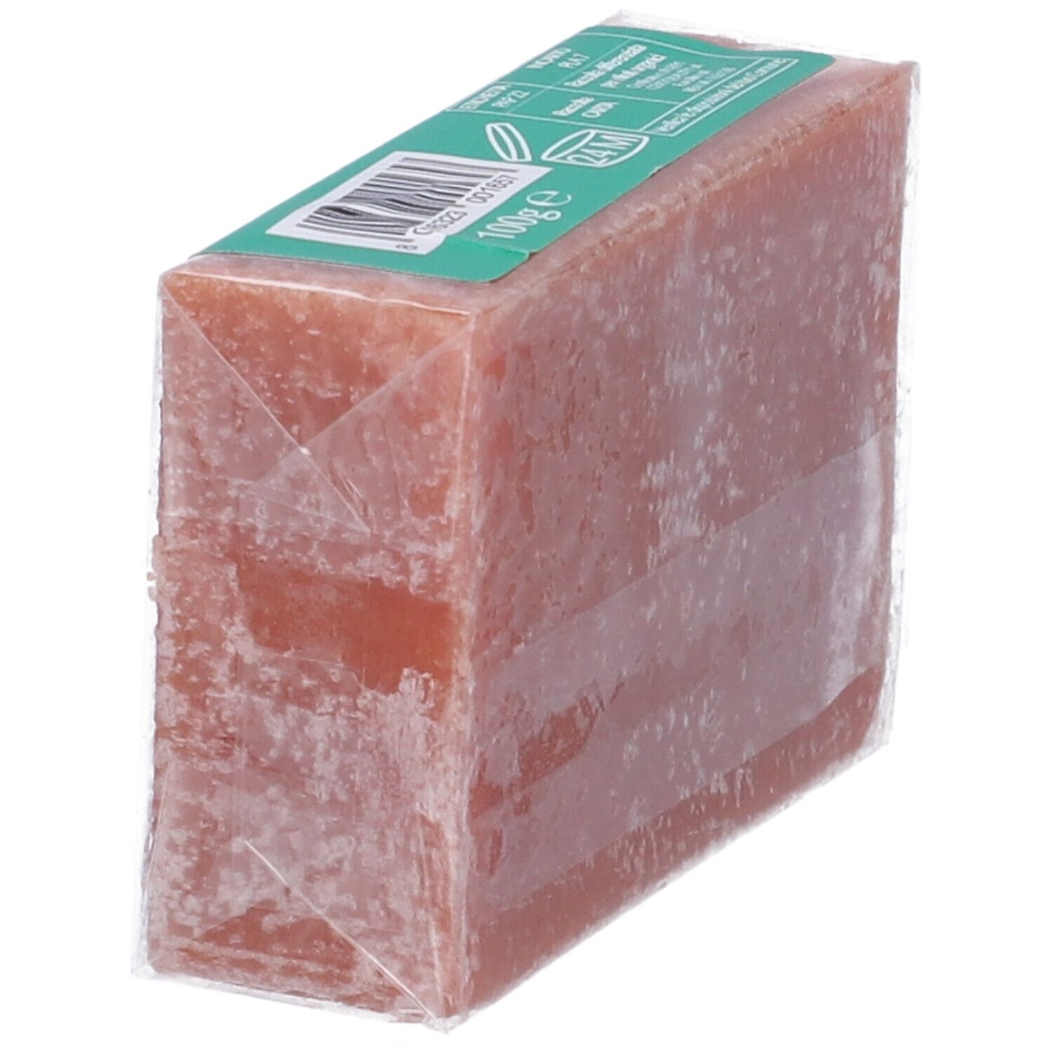 Sapone confezionato. Scritta: 100g. Confezione trasparente. Sapone rosa. Etichetta con codice a barre.