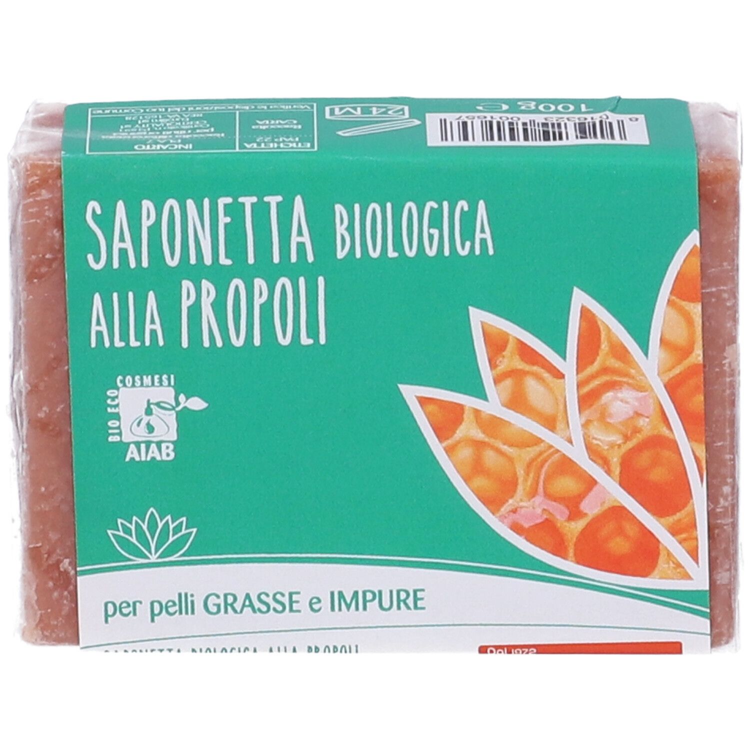 Sapone confezionato. Scritta: Saponetta Biologica alla Propoli. Confezione verde e bianca con logo.