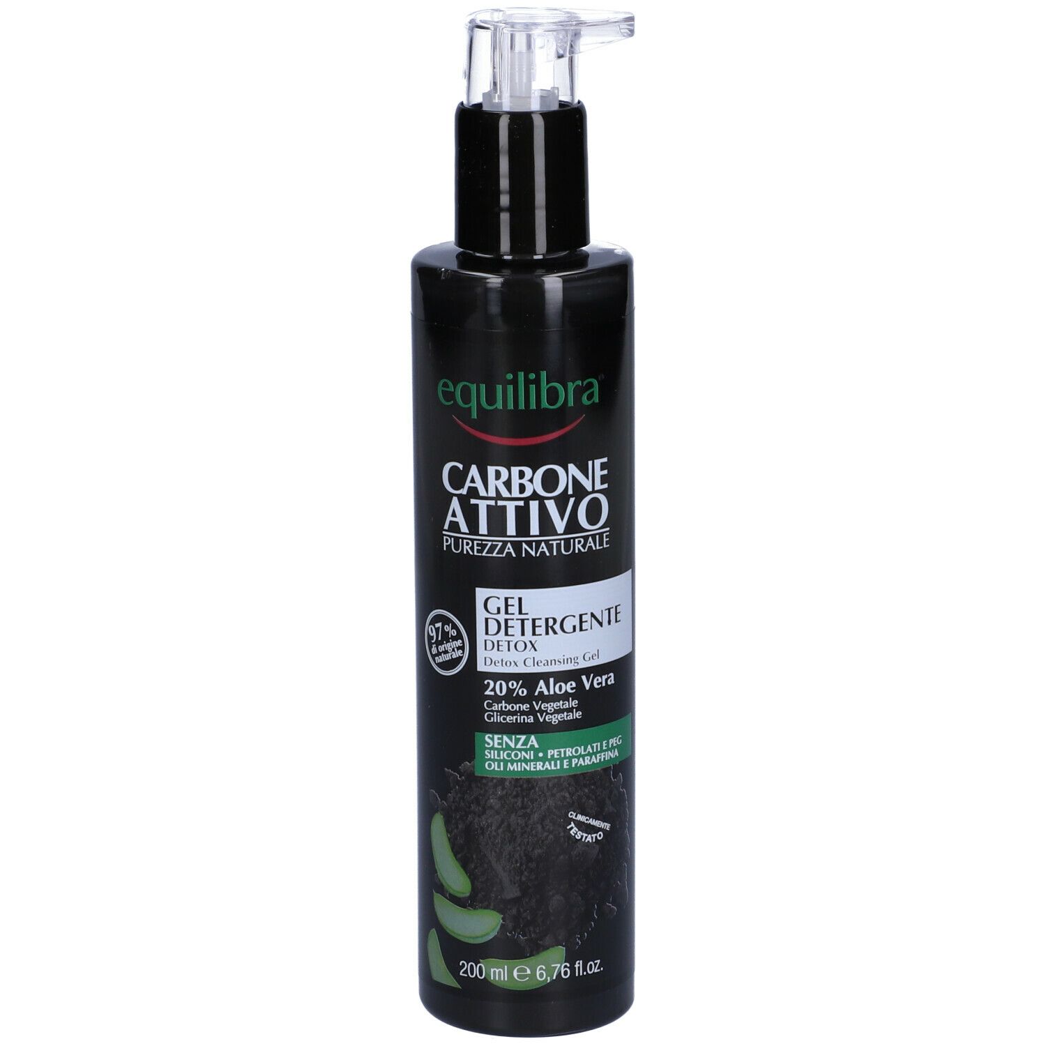 Flacone nero con dosatore. Scritta: Equilibra Carbone Attivo Gel Detergente Detox. Contiene 20% Aloe Vera. 200 ml.
