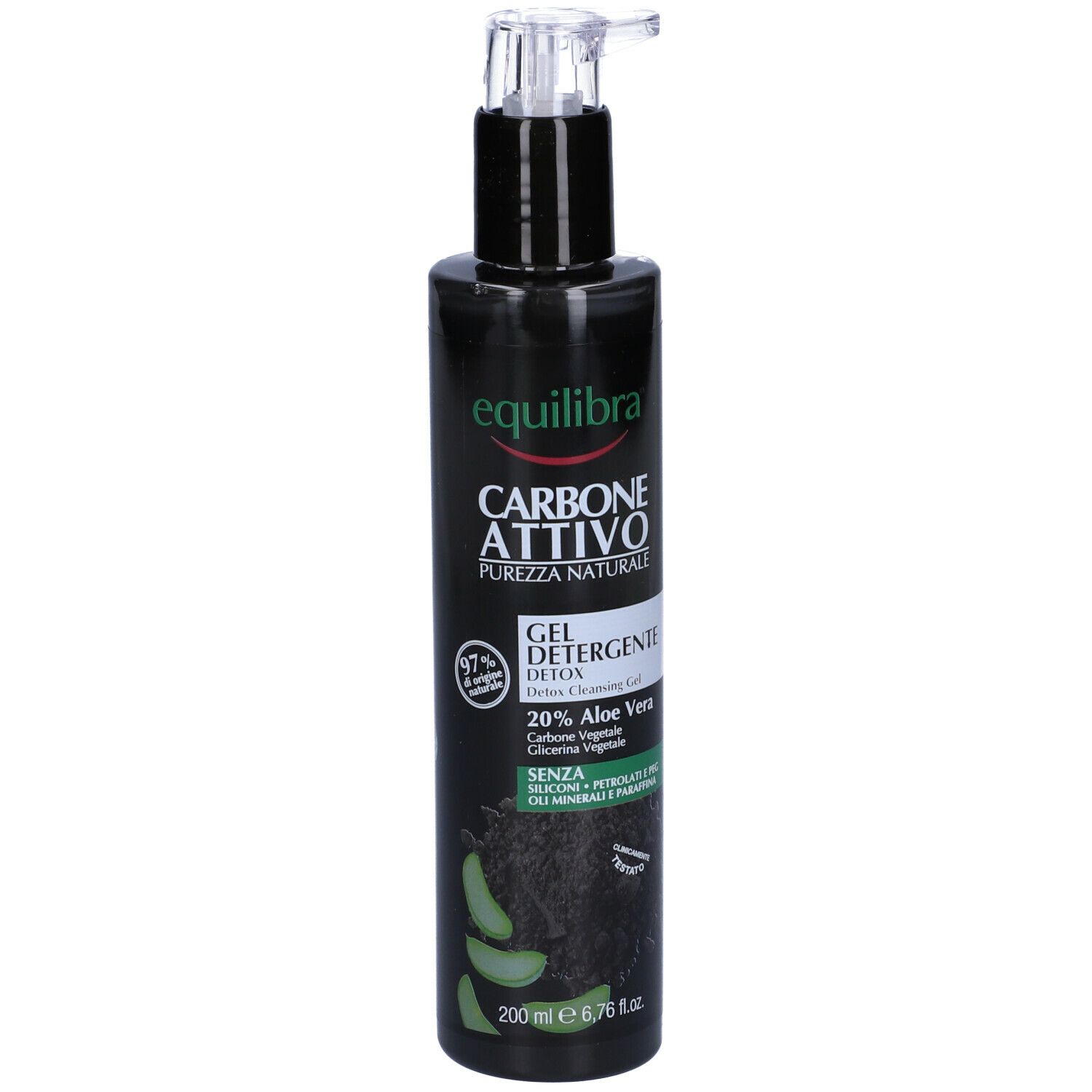 Flacone nero con dosatore. Scritta: Equilibra Carbone Attivo Gel Detergente Detox. Contiene 20% Aloe Vera. 200 ml.