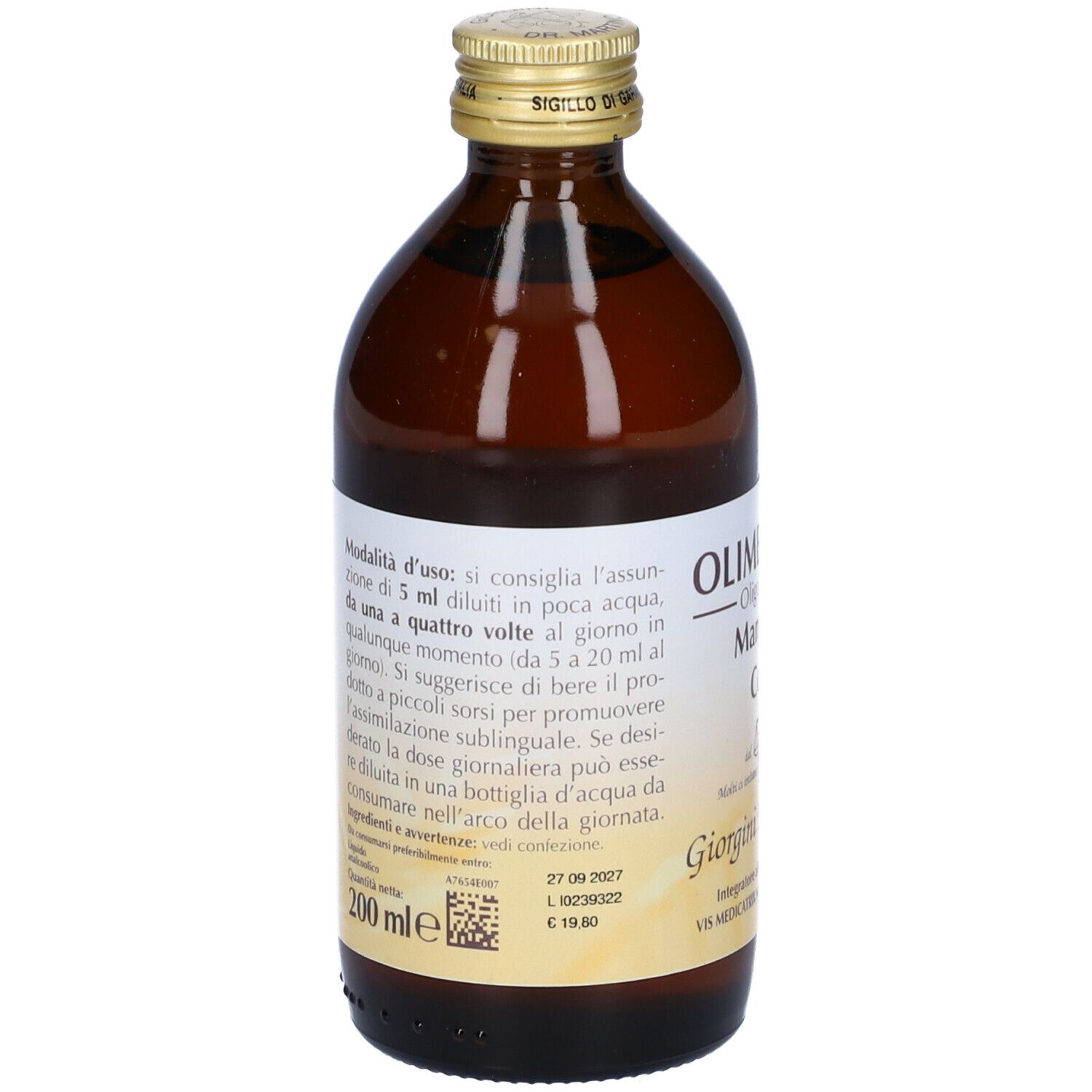 Bottiglia di vetro marrone. Scritta: Olimentovis Oligoelemento Manganese Cobalt. Testo sul retro. Giorgini Dr. Martino.