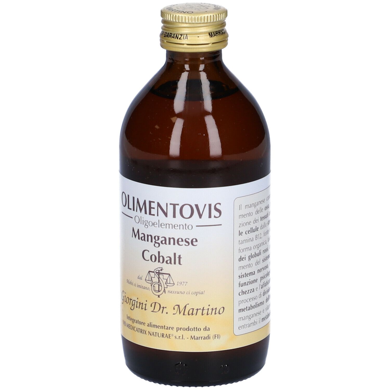 Bottiglia di vetro marrone. Scritta: Olimentovis Oligoelemento Manganese Cobalt. Testo sul retro. Giorgini Dr. Martino.