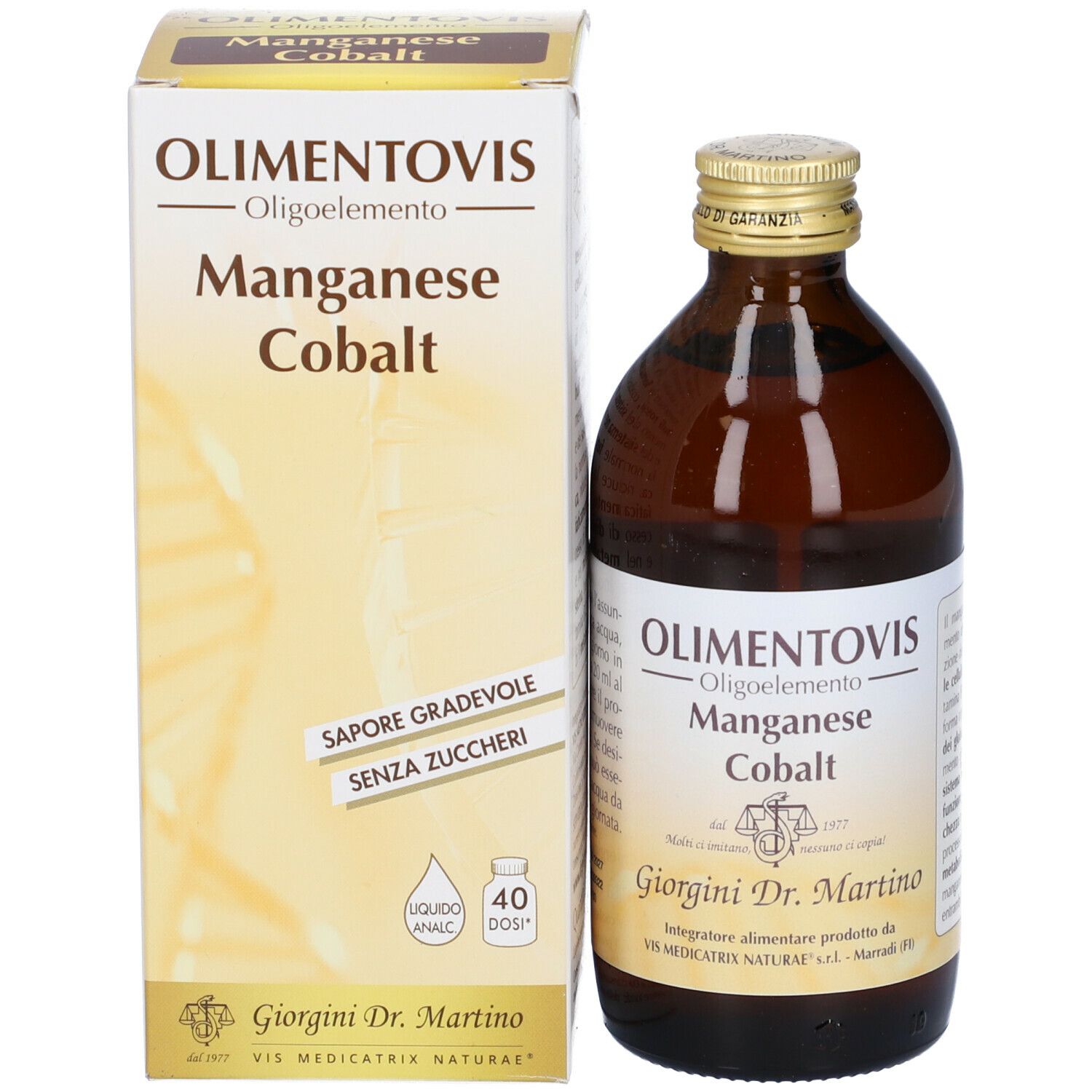 Bottiglia di vetro marrone e scatola. Scritta: Olimentovis Oligoelemento Manganese Cobalt. Giorgini Dr. Martino. 40 dosi.