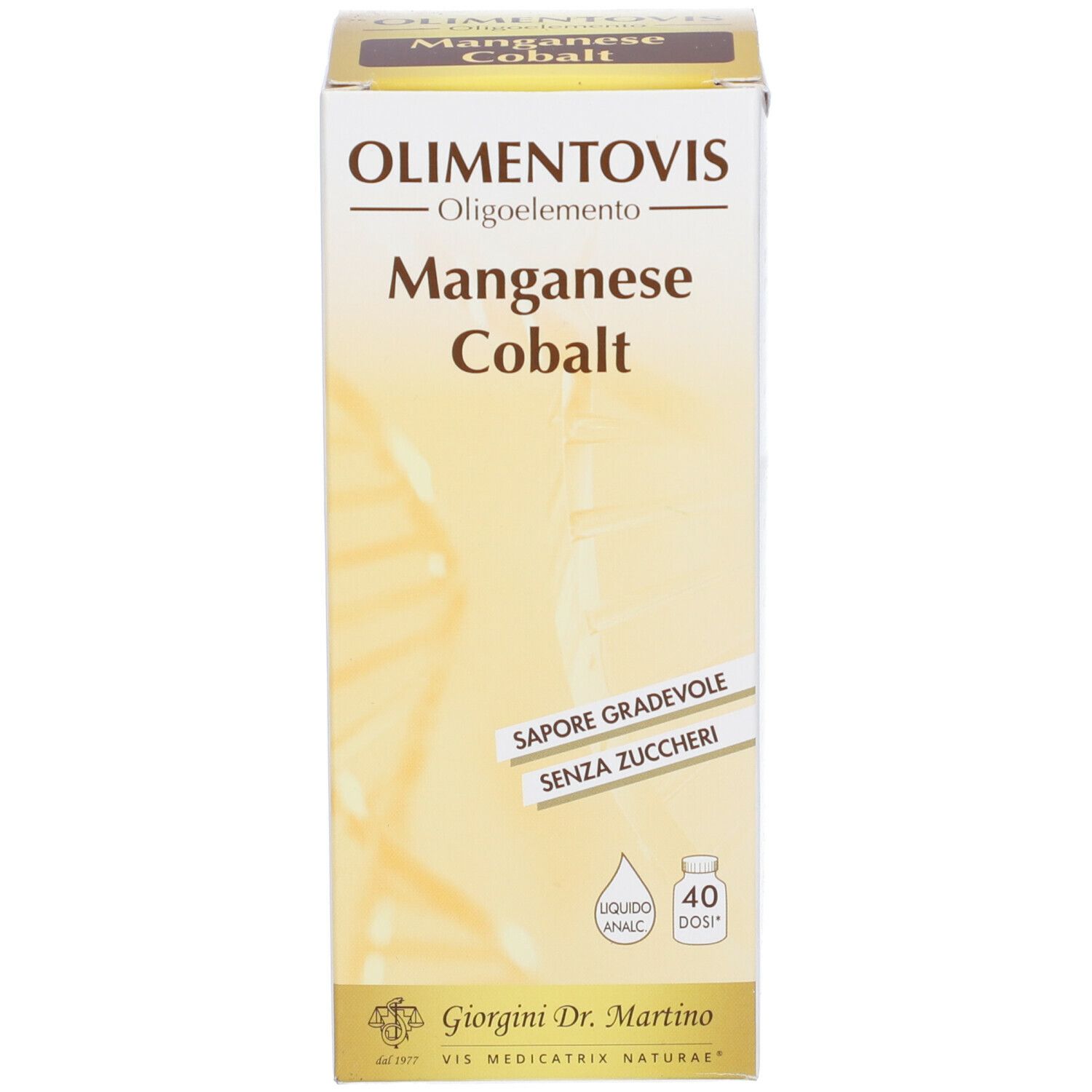 Scatola. Scritta: Olimentovis Oligoelemento Manganese Cobalt. Senza zucchero. 40 dosi. Giorgini Dr. Martino.