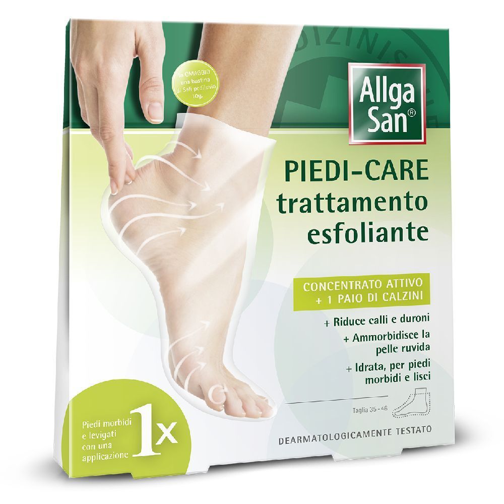 Confezione AllgaSan® PIEDI-CARE Maschera Esfoliante. Mostra un piede con maschera e informazioni sul prodotto.