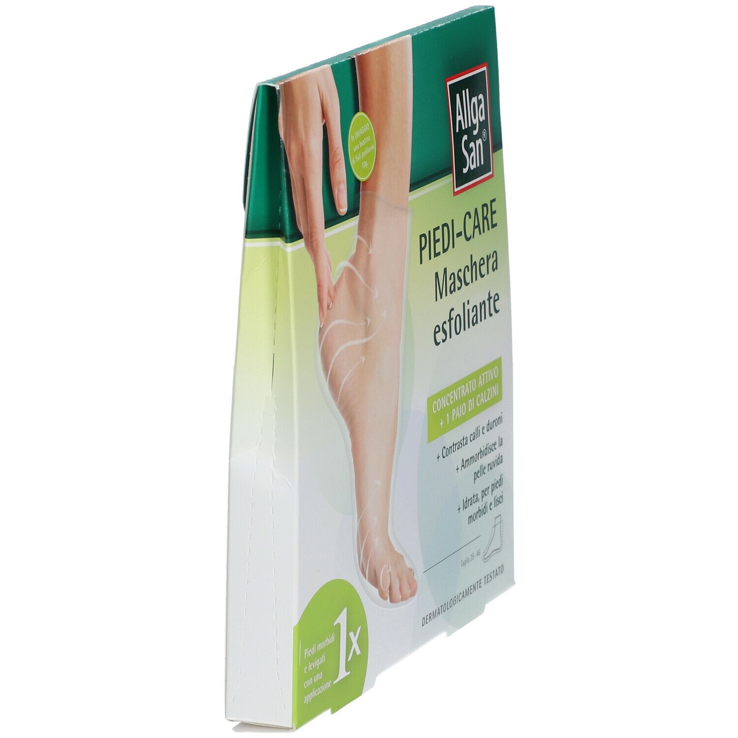 Vista laterale della confezione AllgaSan® PIEDI-CARE Maschera Esfoliante. Nome del prodotto e logo visibili.