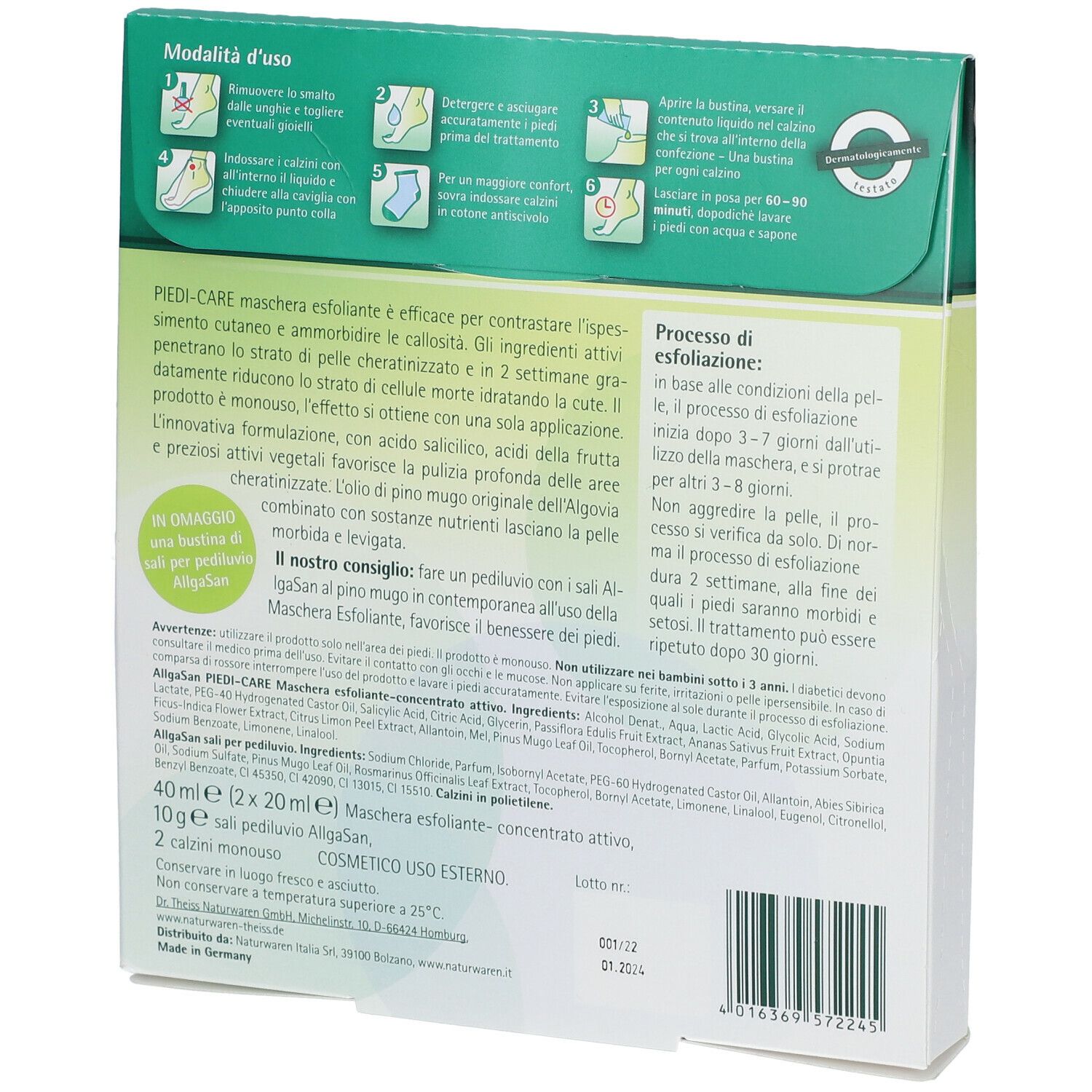 Retro della confezione AllgaSan® PIEDI-CARE Maschera Esfoliante. Contiene informazioni sul prodotto e ingredienti.