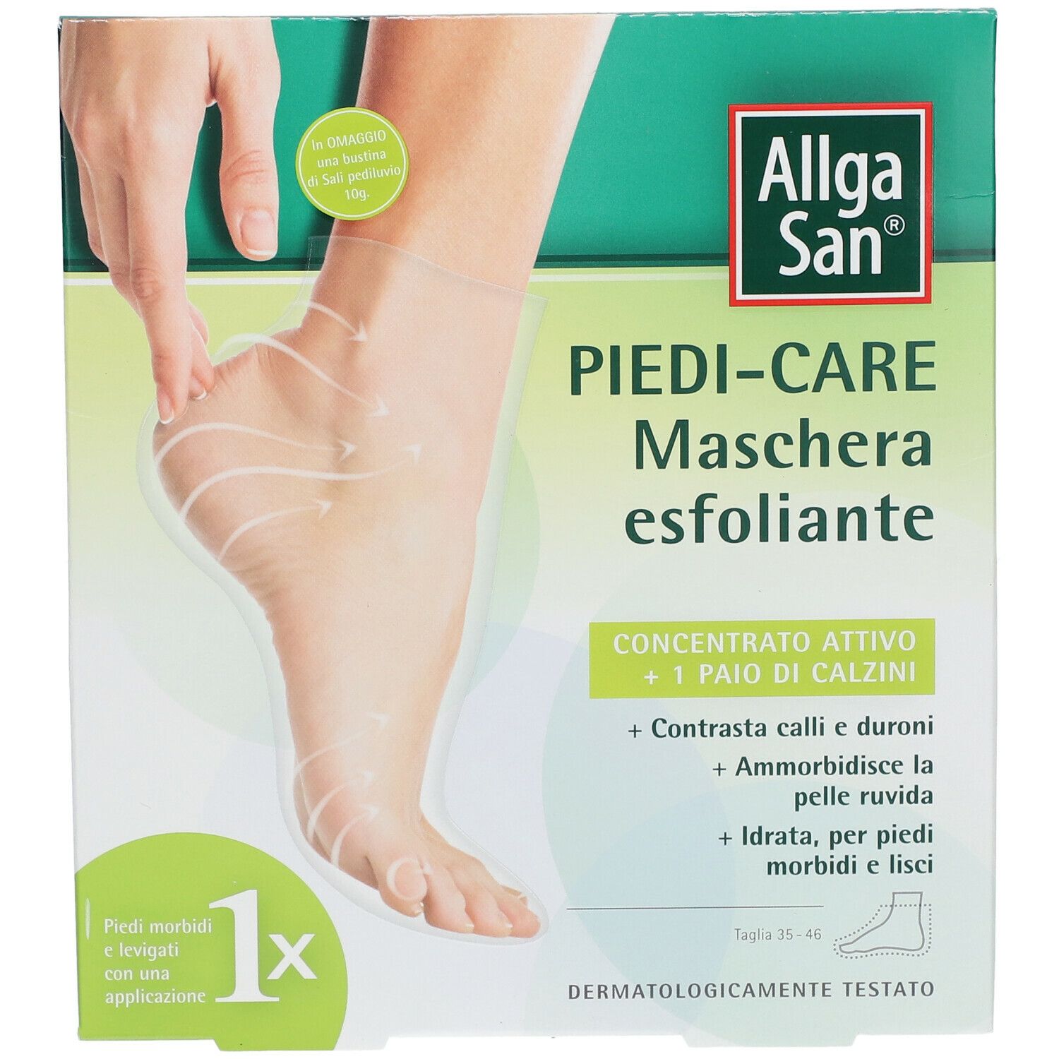 Confezione AllgaSan® PIEDI-CARE Maschera Esfoliante. Vista frontale con nome del prodotto e caratteristiche.