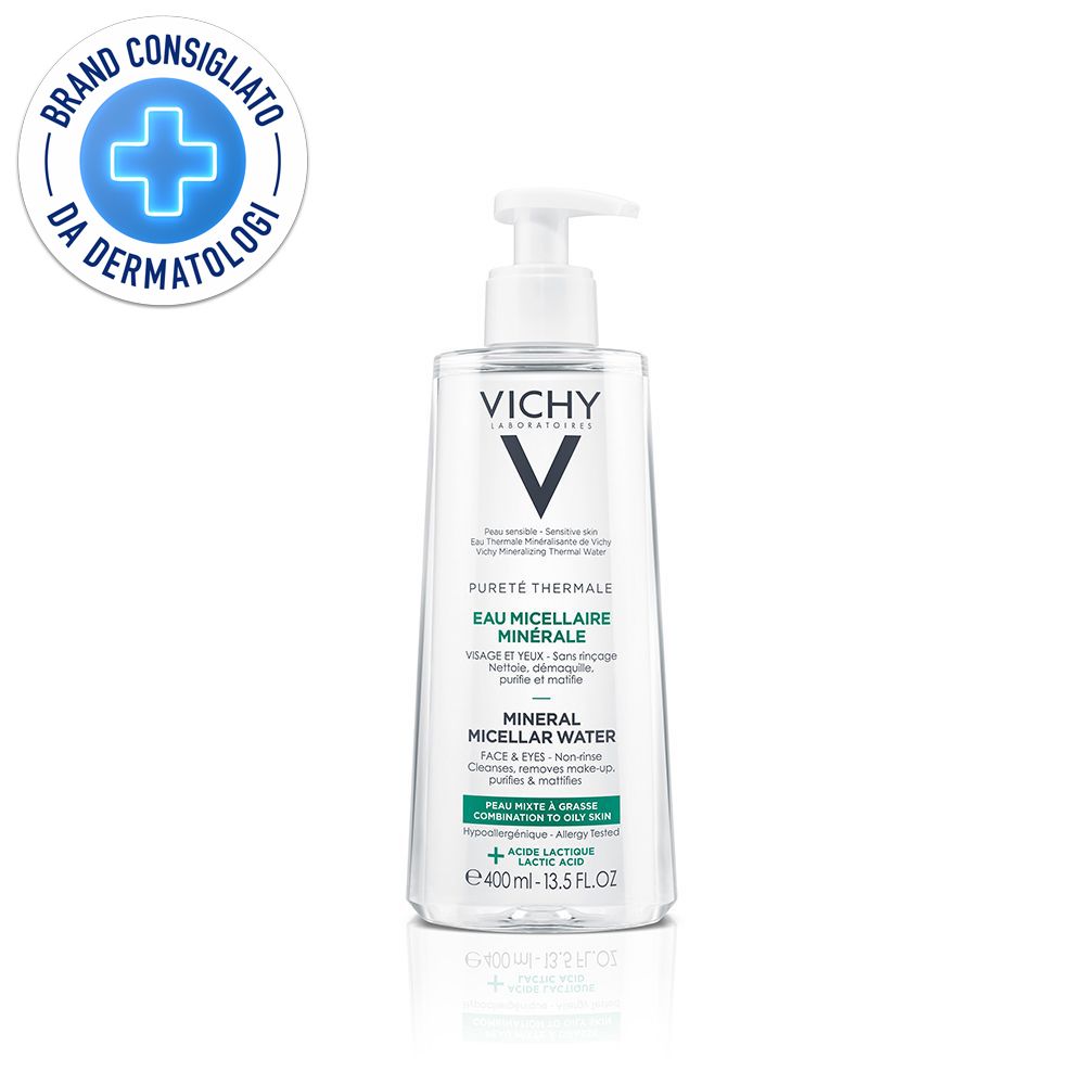 Klare Flasche mit weißem Pumpverschluss. Aufschrift: Vichy, Pureté Thermale, Eau Micellaire Minerale. 400ml. Logo: Brand Consigliato da Dermatologi.