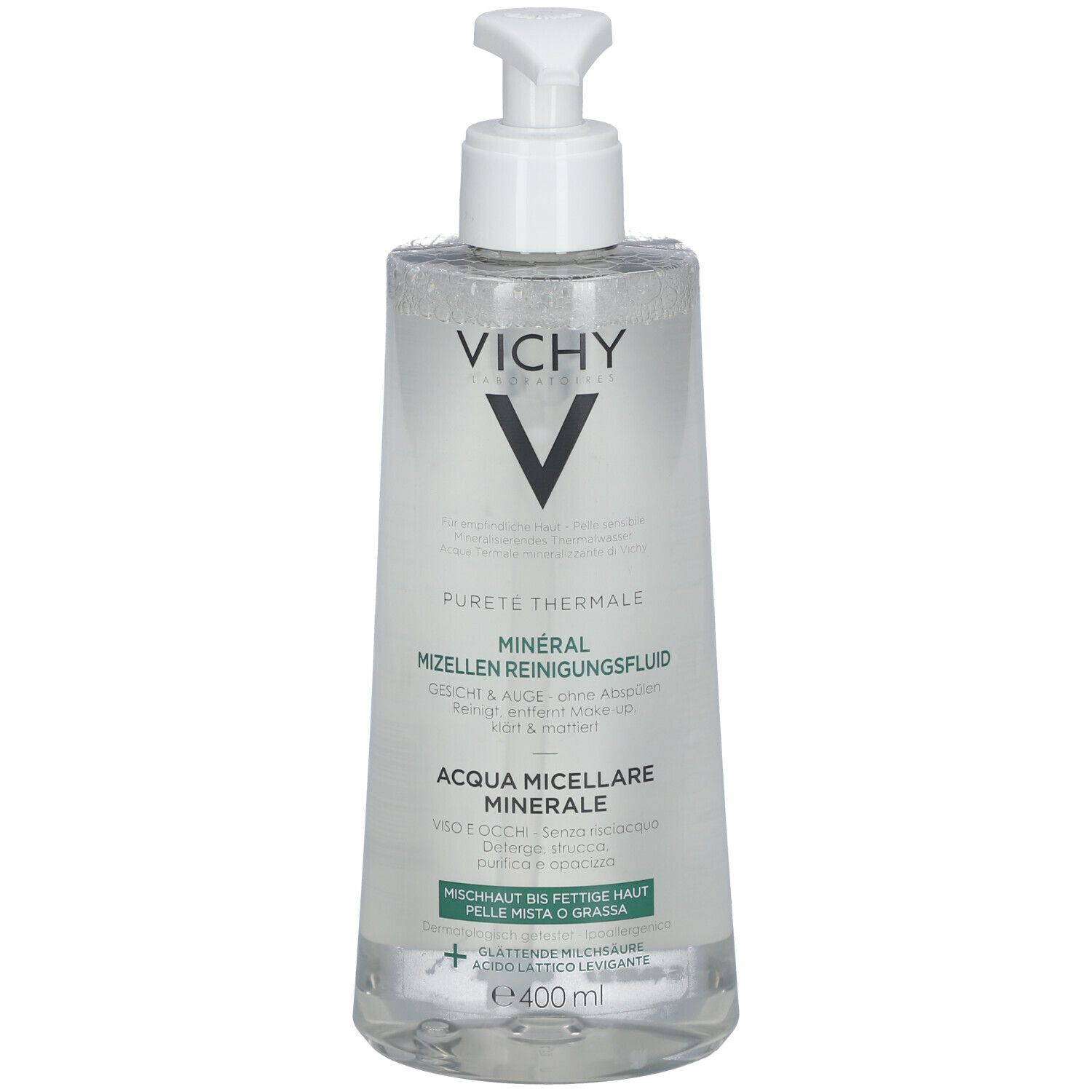 Klare Flasche mit weißem Pumpverschluss. Aufschrift: Vichy, Pureté Thermale, Mizellen Reinigungsfluid. 400 ml. Für Mischhaut bis fettige Haut.