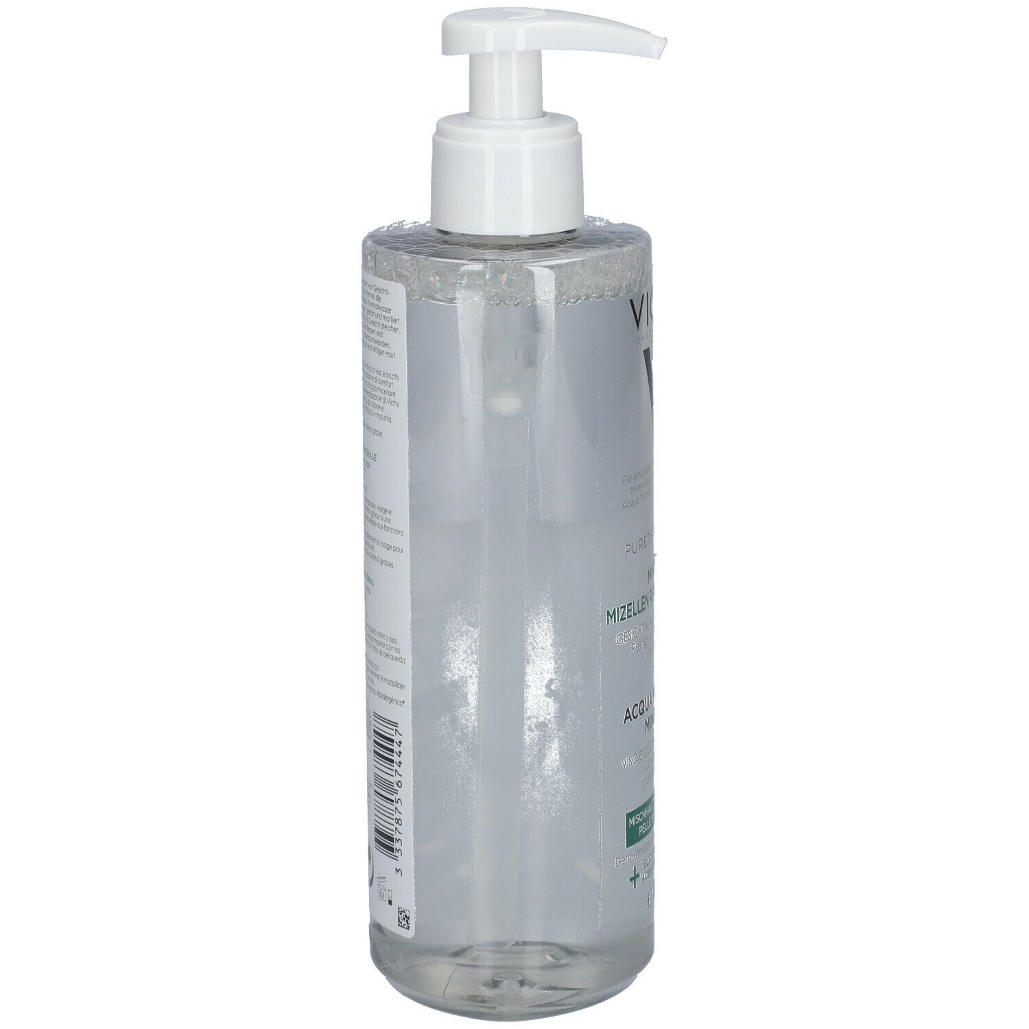 Klare Flasche mit weißem Pumpverschluss. Rückseite mit Text und Barcode. 400 ml. Für Mischhaut bis fettige Haut.