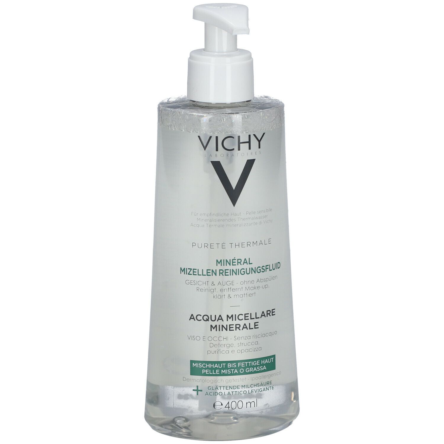 Klare Flasche mit weißem Pumpverschluss. Aufschrift: Vichy, Pureté Thermale, Mizellen Reinigungsfluid. 400 ml. Für Mischhaut bis fettige Haut.