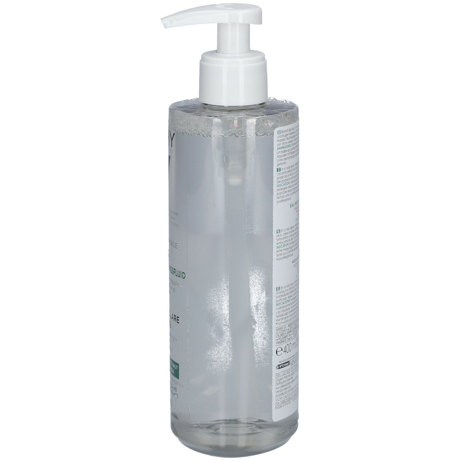 Klare Flasche mit weißem Pumpverschluss. Rückseite mit Text und Barcode. 400 ml. Für Mischhaut bis fettige Haut.