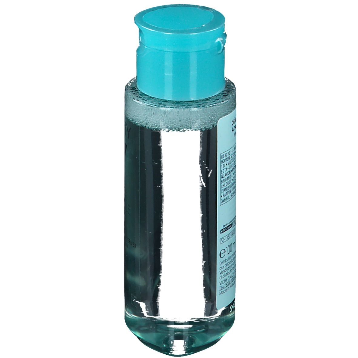 Vichy Pureté Thermale struccante occhi. Flacone con tappo blu. Testo e logo sull'etichetta.