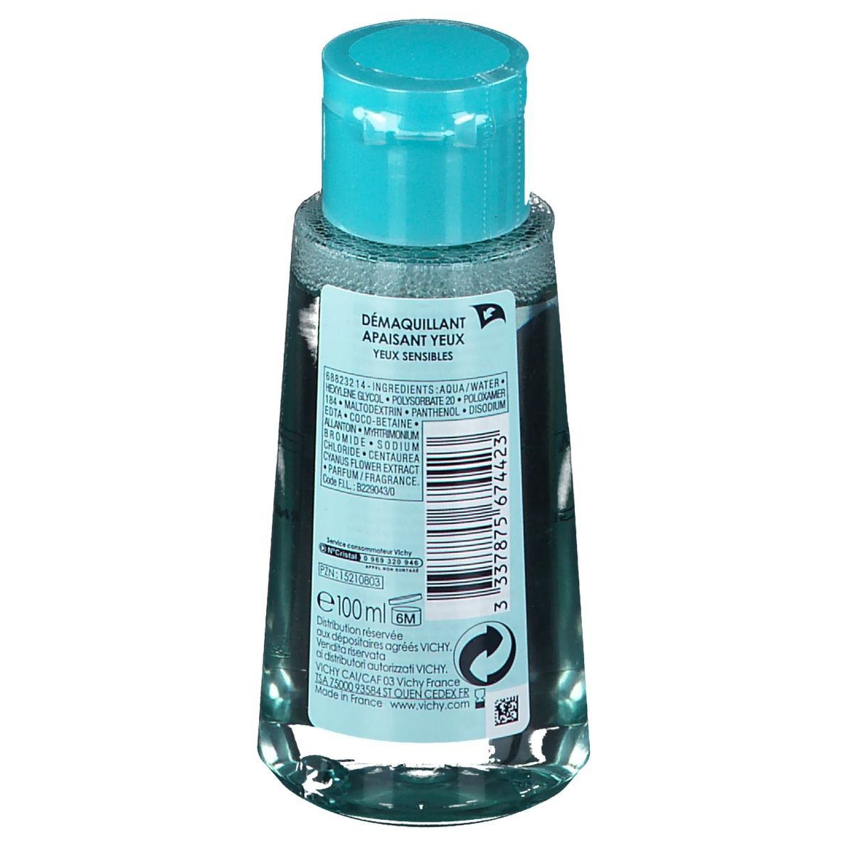 Vichy Pureté Thermale struccante occhi. Flacone con tappo blu. Retro con testo e codice a barre.