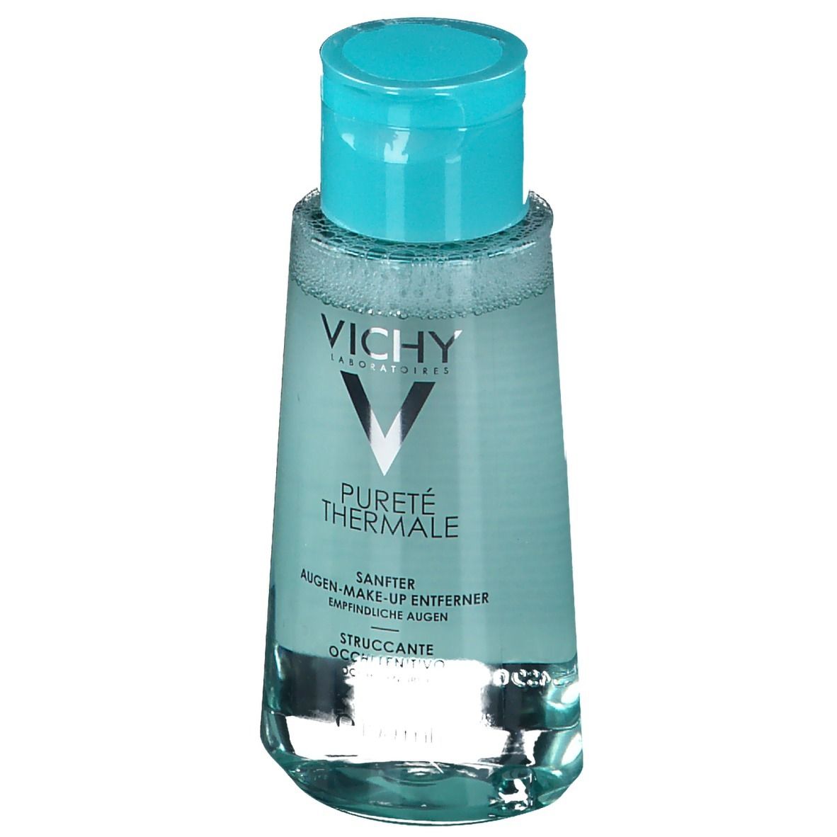 Vichy Pureté Thermale struccante occhi. Flacone con tappo blu. Testo e logo sull'etichetta.