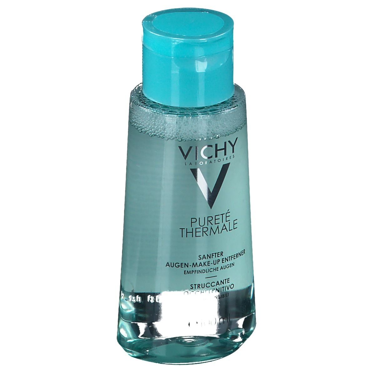 Vichy Pureté Thermale struccante occhi. Flacone con tappo blu. Testo e logo sull'etichetta.