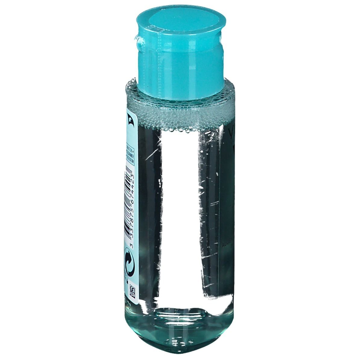 Vichy Pureté Thermale struccante occhi. Flacone con tappo blu. Retro con testo.