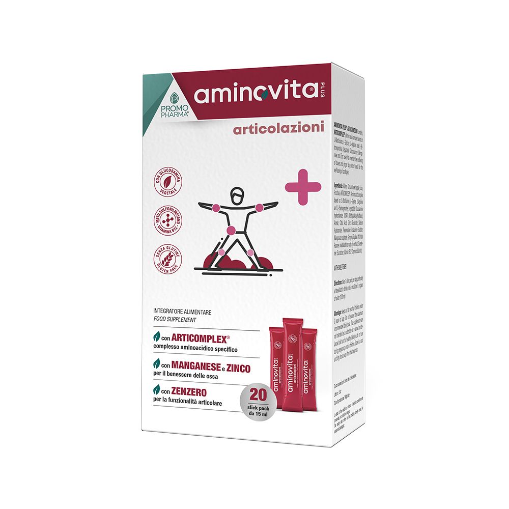 Scatola Aminovita Plus Articolazioni. Contiene 20 stick pack. Scritte: Promo Pharma, Articolazioni, Plus, logo.