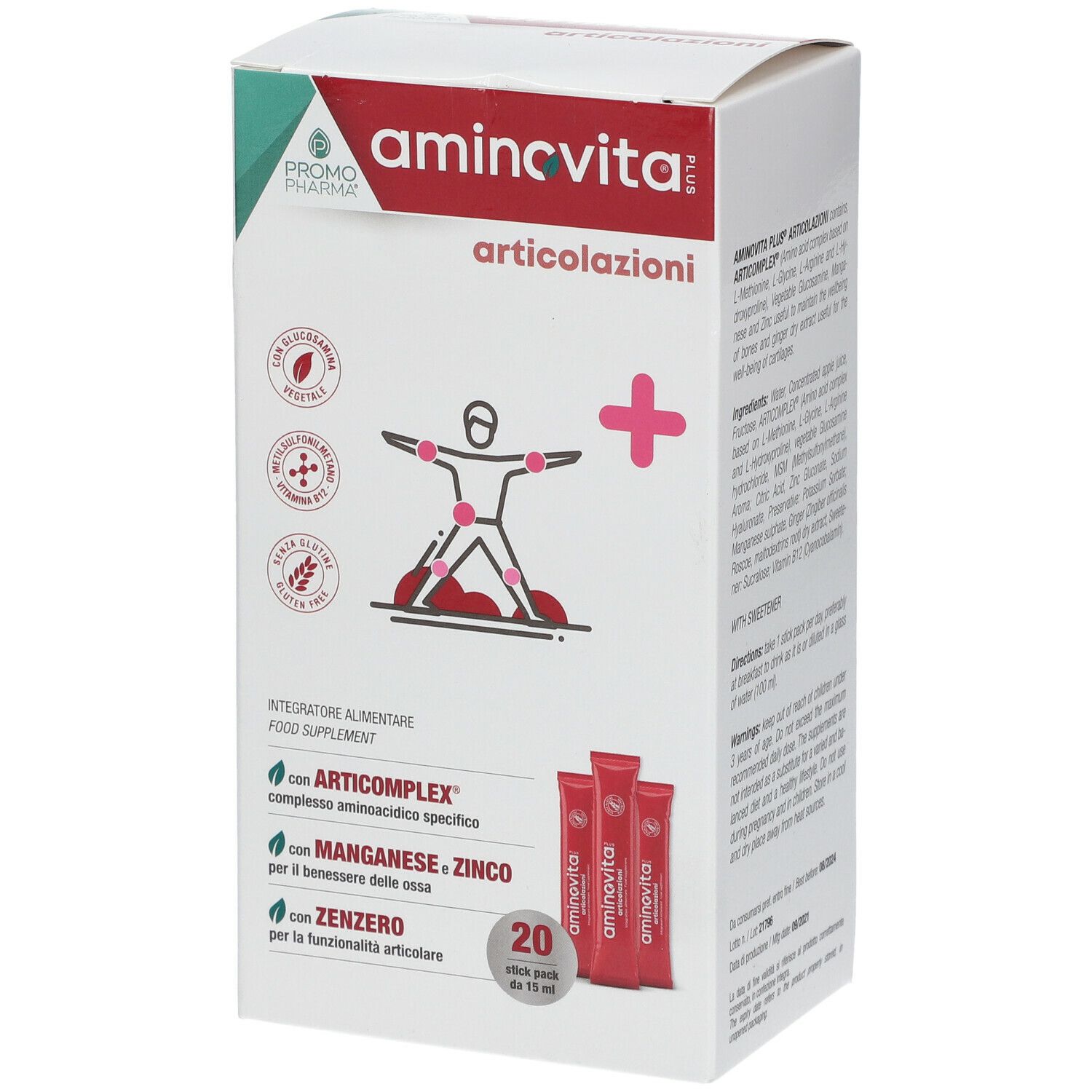 Scatola Aminovita Plus Articolazioni. Contiene 20 stick pack. Scritte: Promo Pharma, Articolazioni, Plus, logo.
