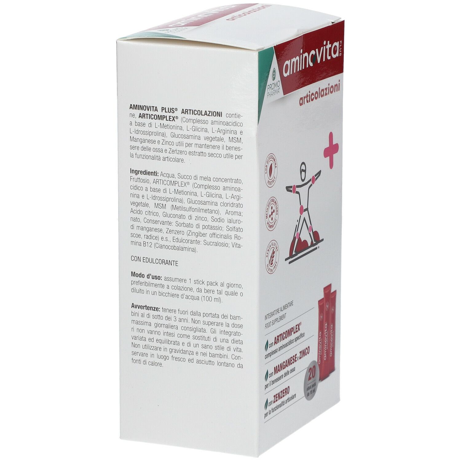 Scatola Aminovita Plus Articolazioni. Contiene 20 stick pack. Scritte: Promo Pharma, Articolazioni, Plus, logo.