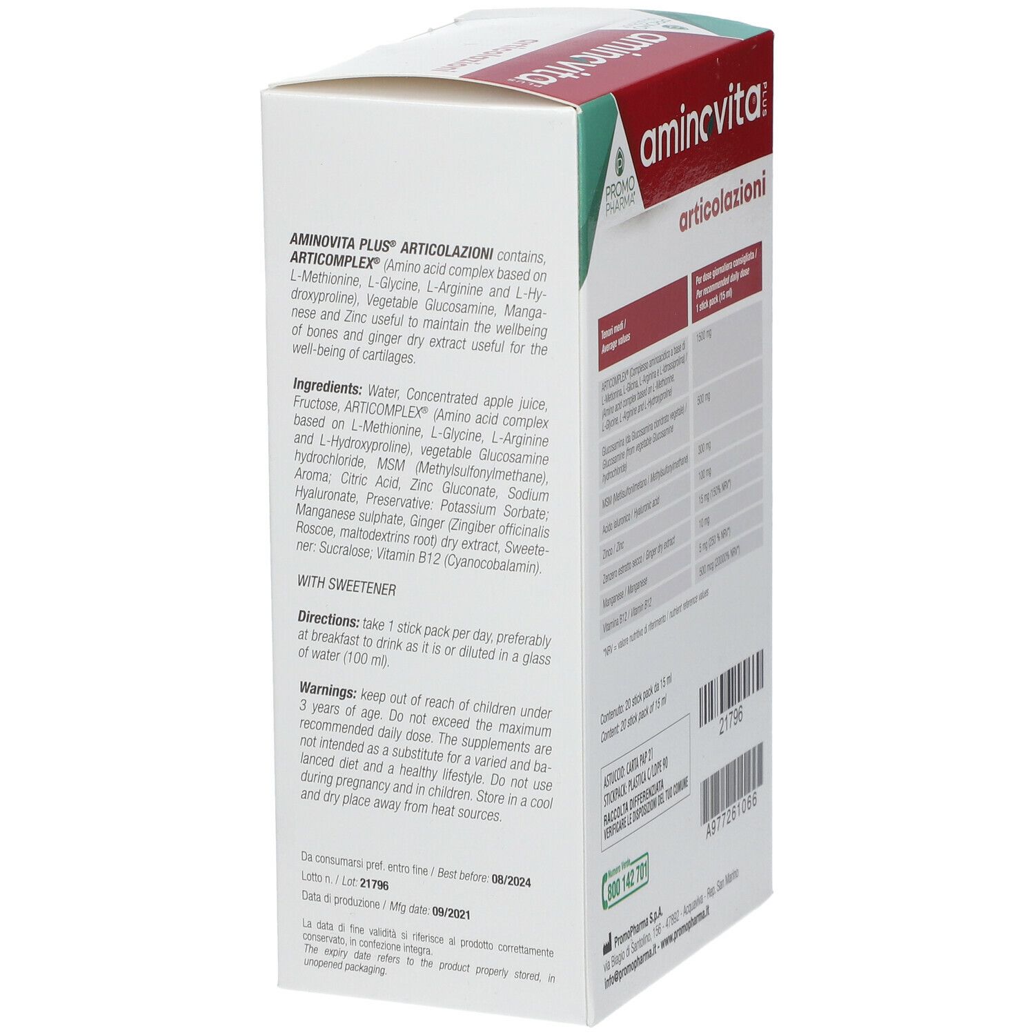 Scatola Aminovita Plus Articolazioni. Contiene 20 stick pack. Scritte: Promo Pharma, Articolazioni, Plus, logo.