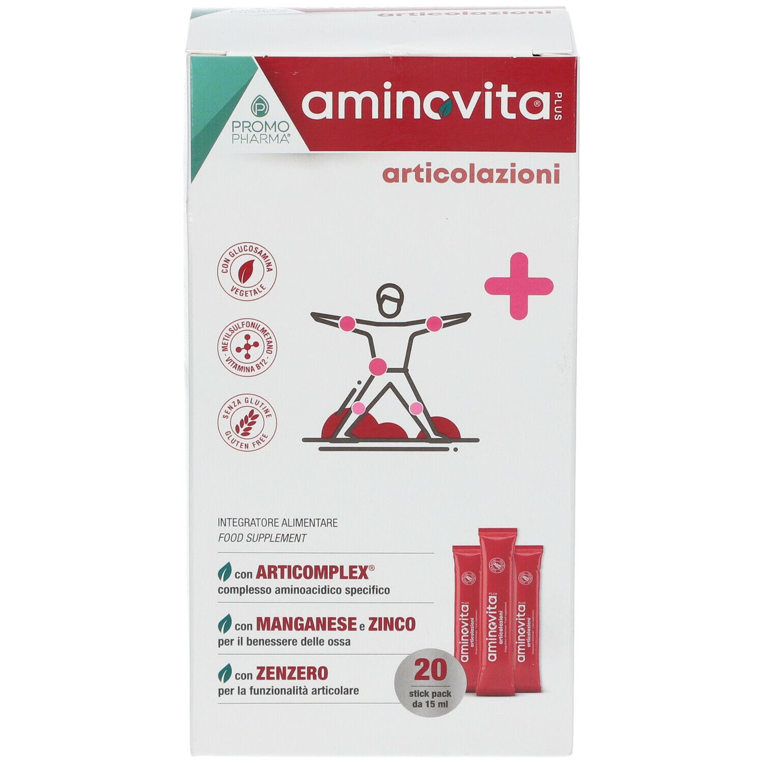 Scatola Aminovita Plus Articolazioni. Contiene 20 stick pack. Scritte: Promo Pharma, Articolazioni, Plus, logo.