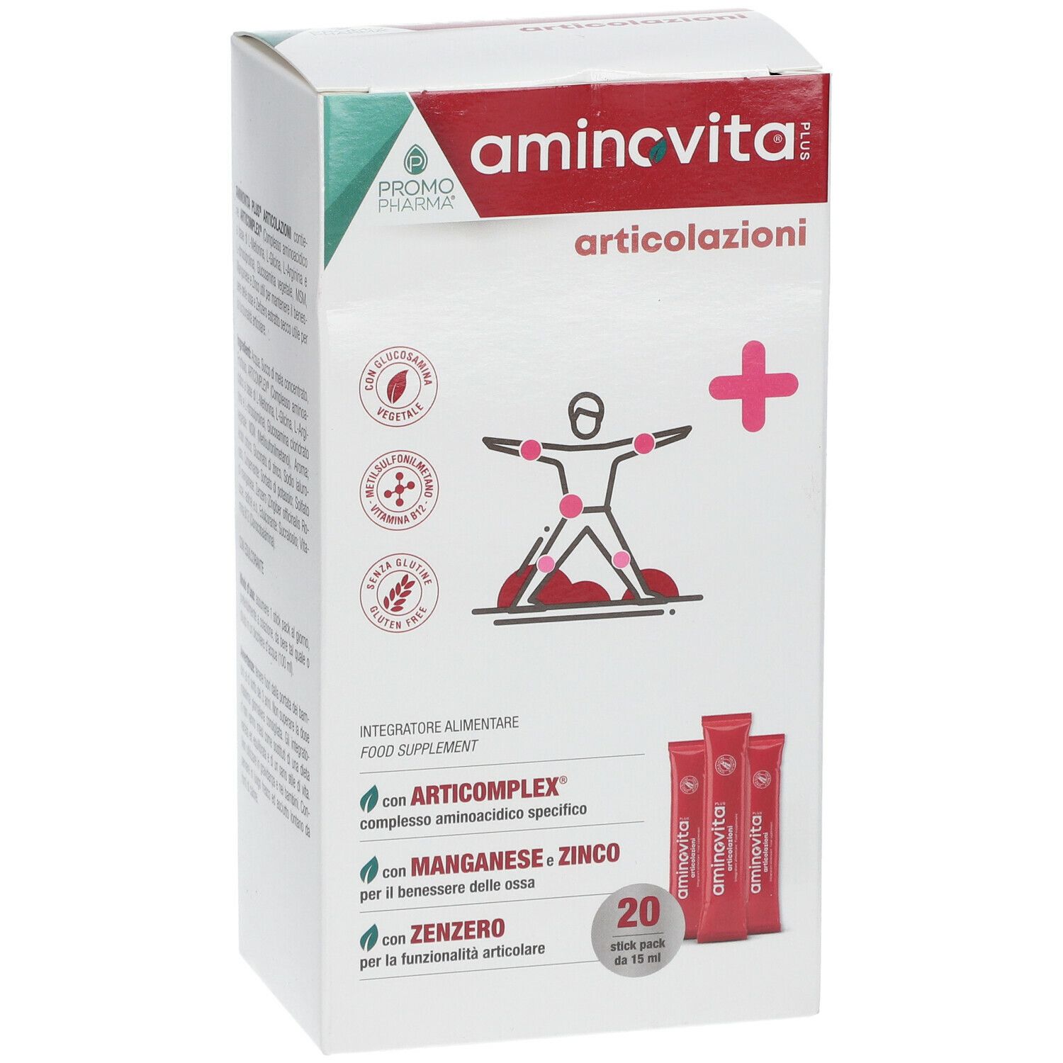 Scatola Aminovita Plus Articolazioni. Contiene 20 stick pack. Scritte: Promo Pharma, Articolazioni, Plus, logo.