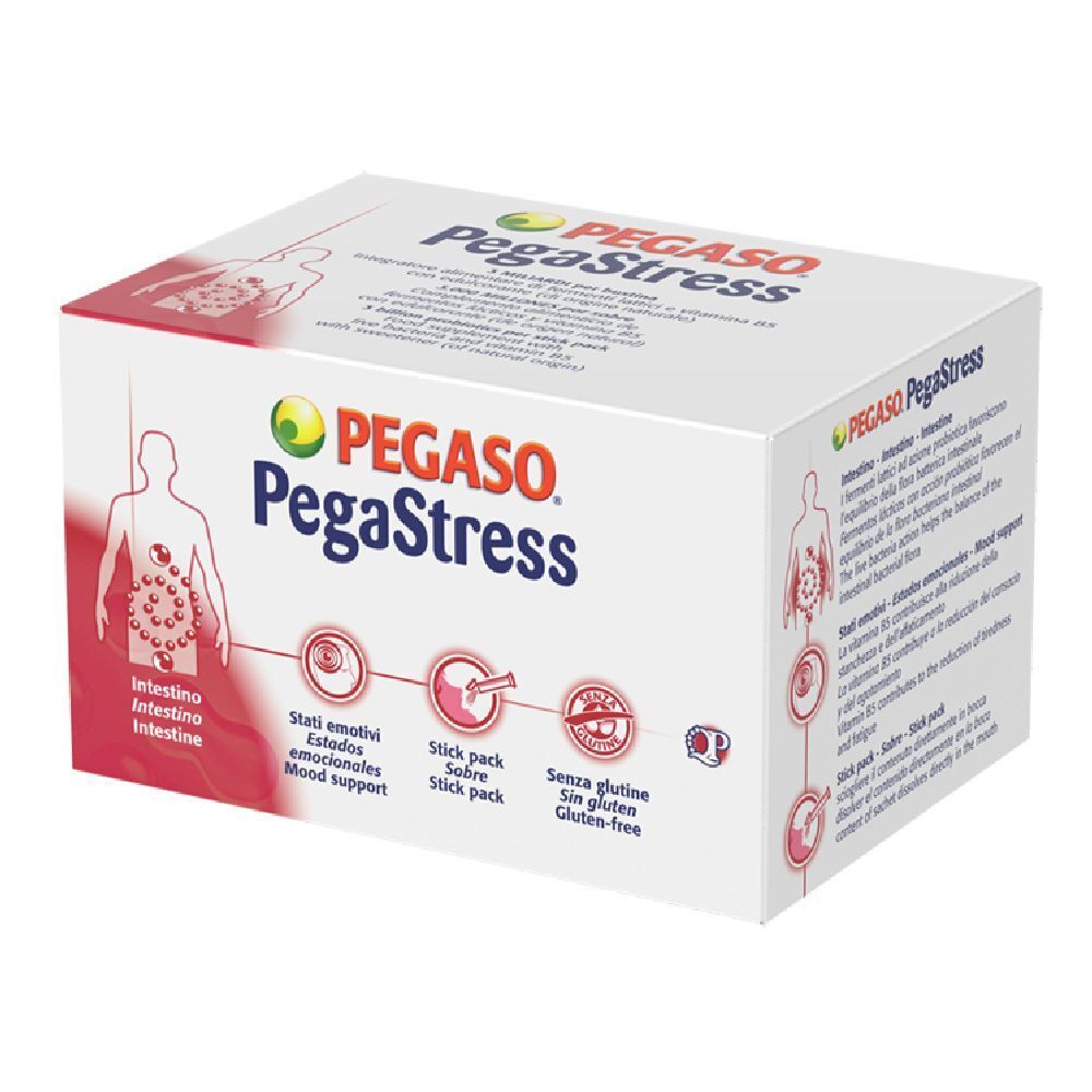 Confezione di PegaStress. Scritta: PEGASO PegaStress. Contiene 28 stick pack. Illustrazioni di organi e simboli.