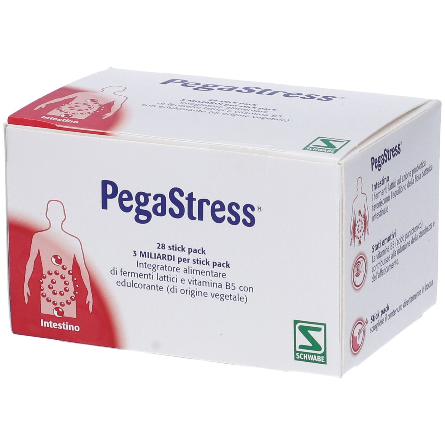Confezione di PegaStress. Contiene 28 stick pack. Scritta: PegaStress. Logo Schwabe. Illustrazione dell'intestino.
