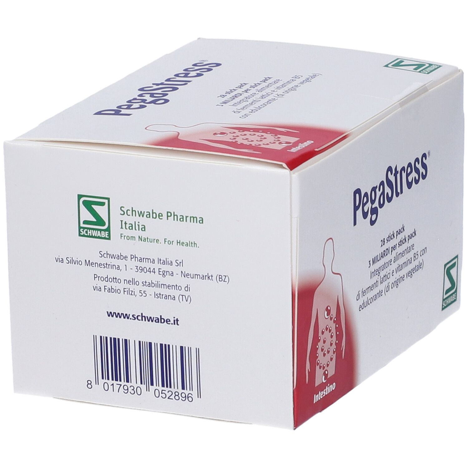 Confezione di PegaStress. Scritta: PegaStress. Logo Schwabe. Indirizzo e codice a barre. Contiene 28 stick pack.