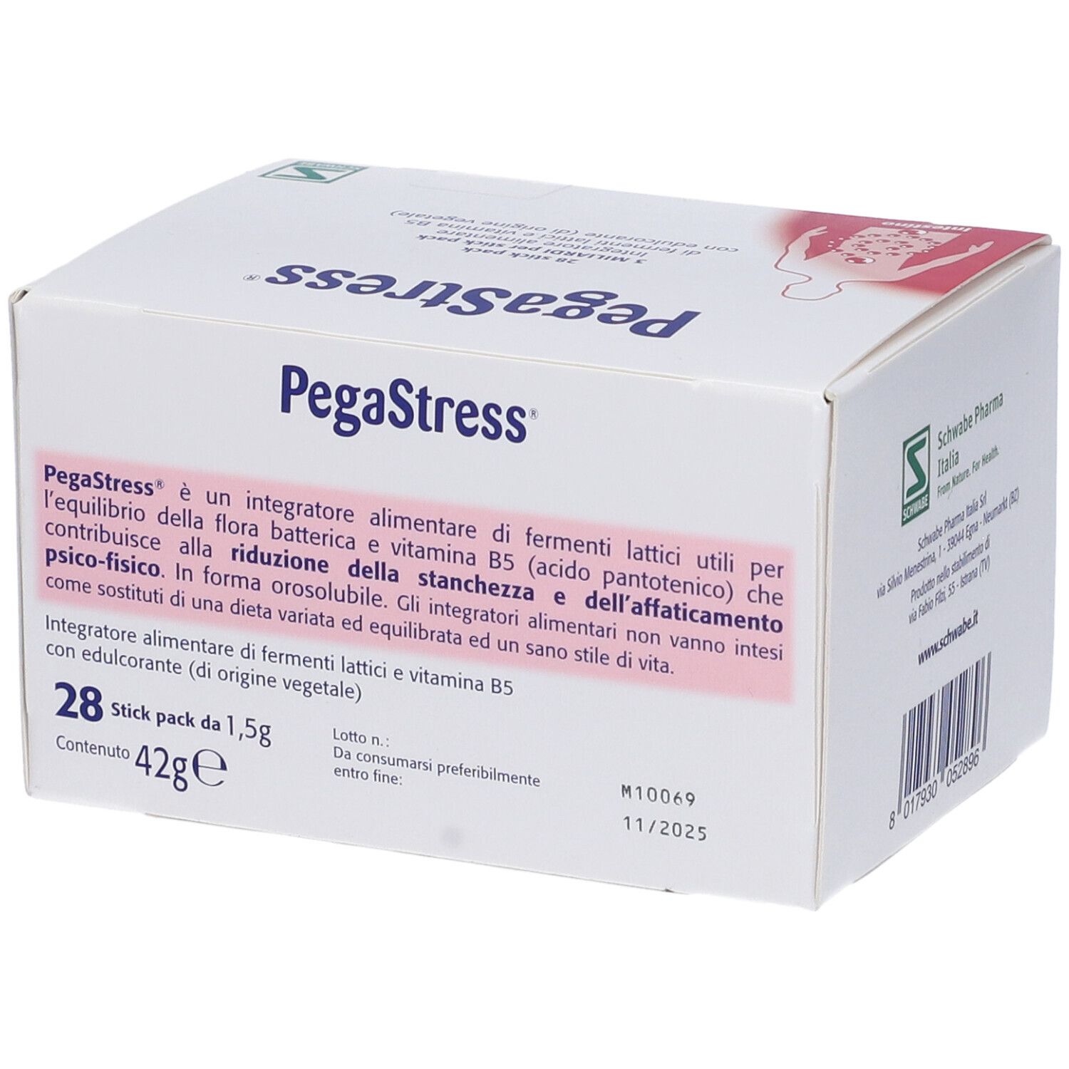 Confezione di PegaStress. Scritta: PegaStress. Contiene 28 stick pack. Peso: 42g. Scadenza. Logo Schwabe.