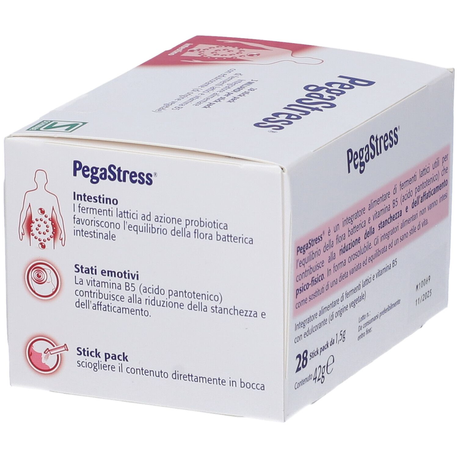 Confezione di PegaStress. Scritta: PegaStress. Contiene 28 stick pack. Illustrazioni di organi. Logo Schwabe.