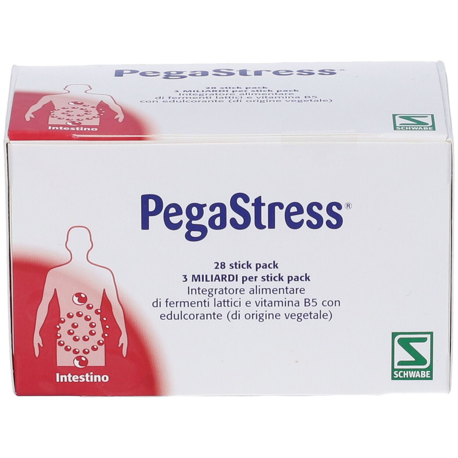Confezione di PegaStress. Scritta: PegaStress. Contiene 28 stick pack. Logo Schwabe. Illustrazione dell'intestino.