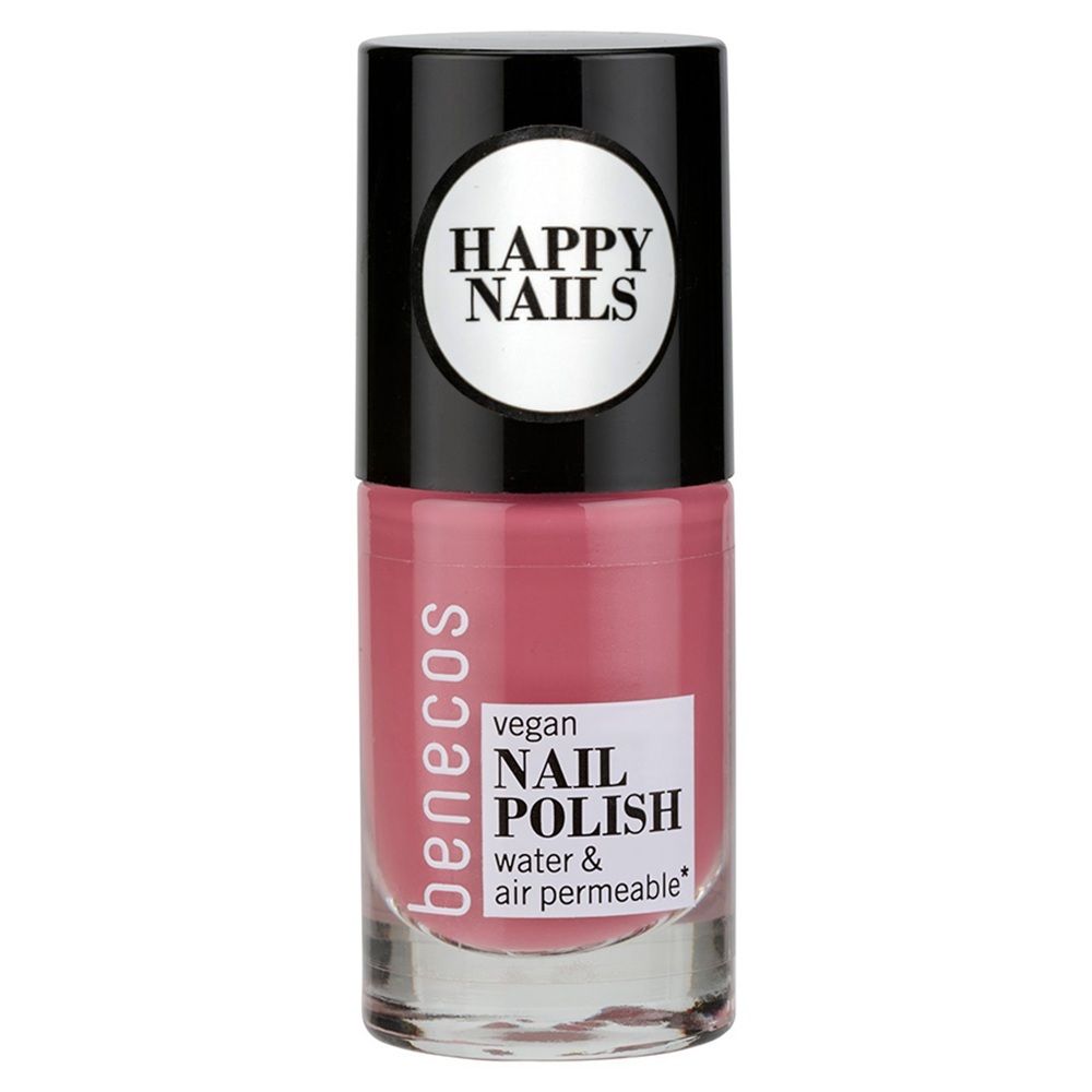 Flasche rosa Nagellack der Marke benecos, vegan, wasser- und luftdurchlässig.