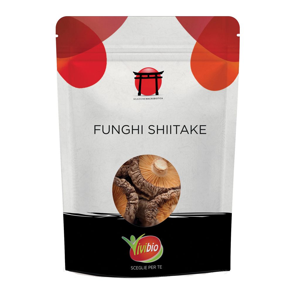 Confezione di Funghi Shiitake. Finestra con funghi visibili. Logo e testo.
