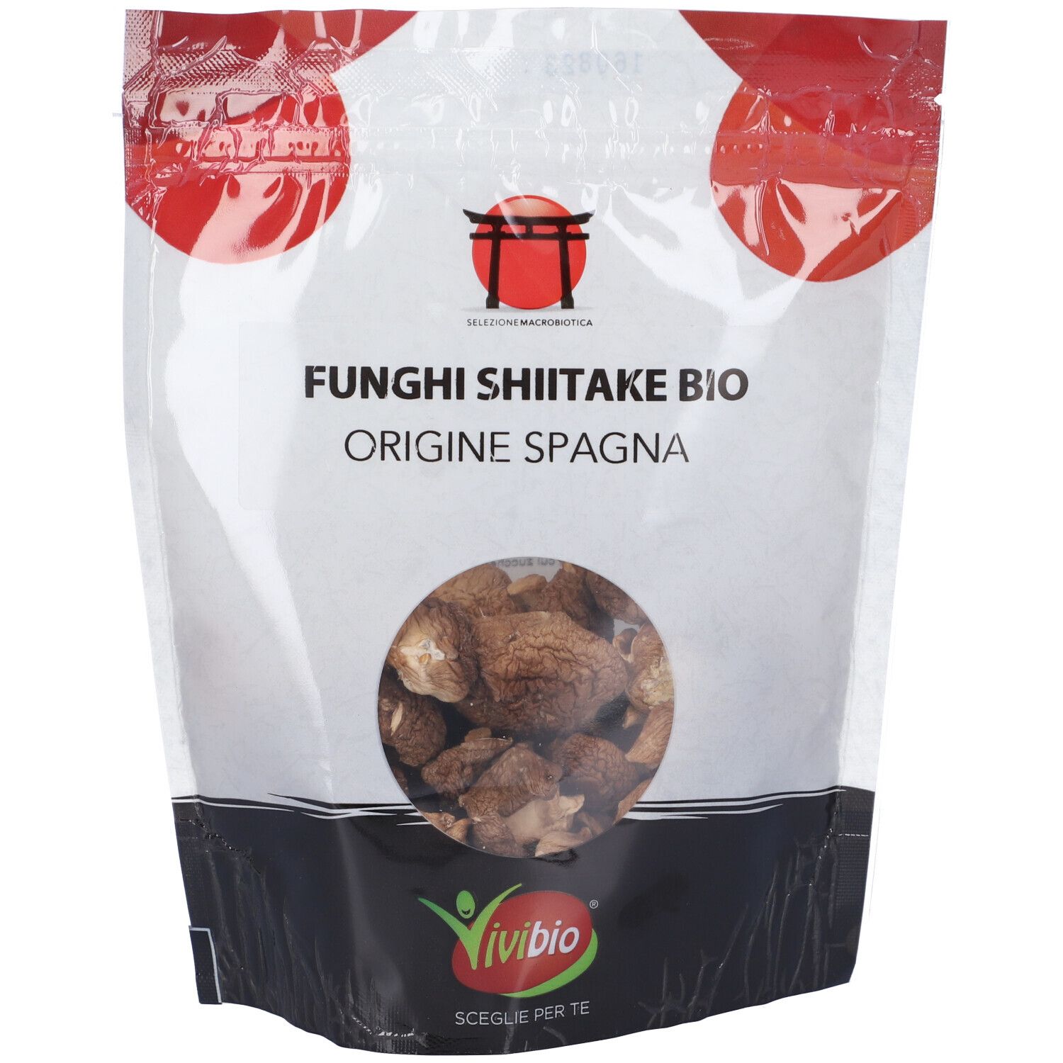 Confezione di Funghi Shiitake BIO. Finestra con funghi. Origine Spagna.