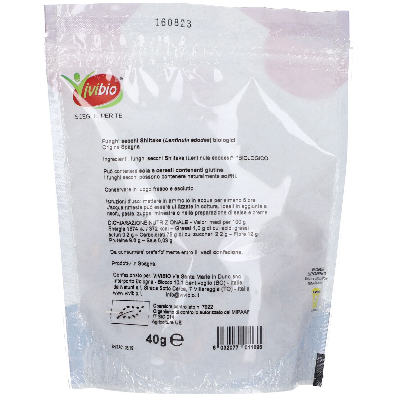Retro della confezione. Testo con ingredienti, valori nutrizionali e origine.