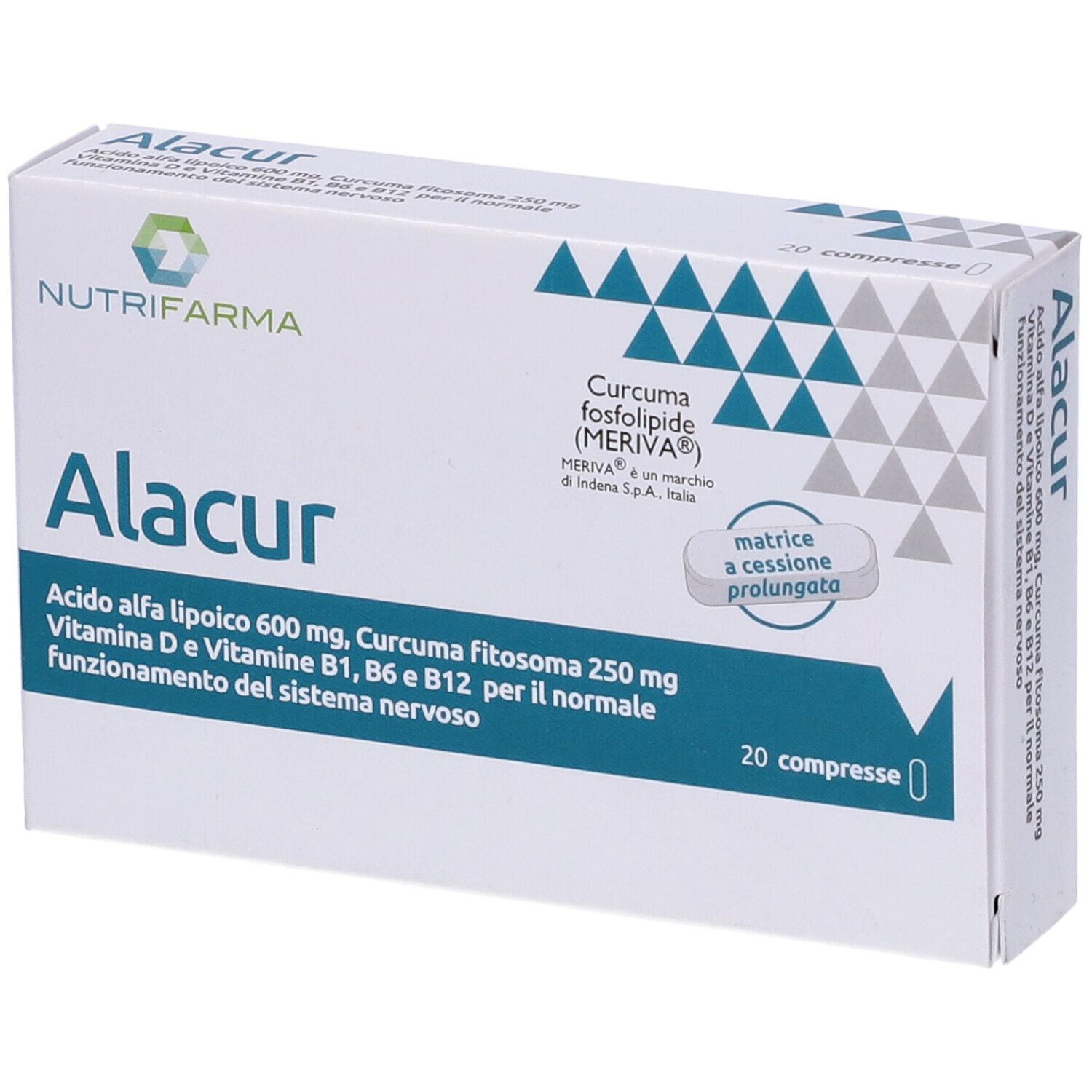 Scatola bianca con triangoli blu. Scritta Alacur, Nutrifarma. Contiene 20 compresse. Ingredienti: acido alfa-lipoico, curcuma.