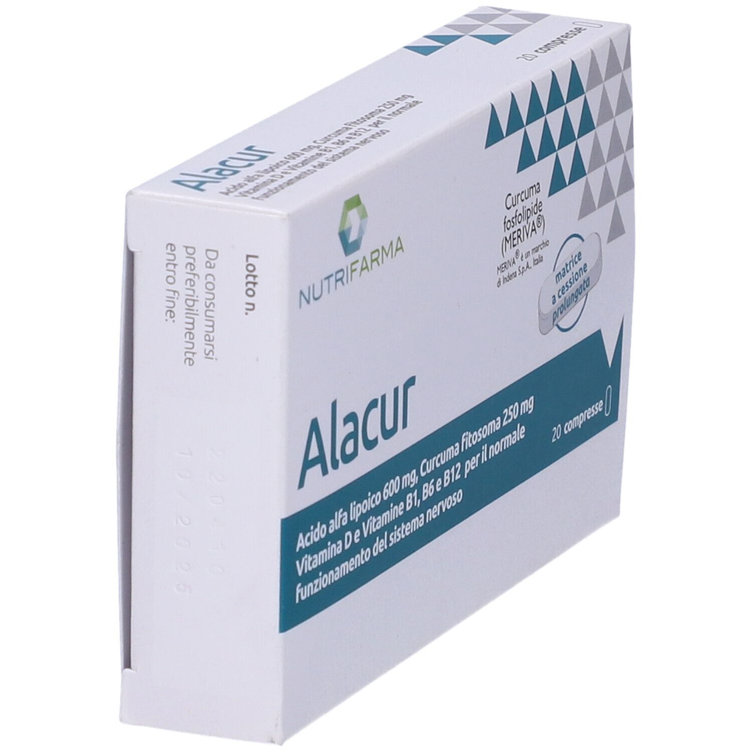 Scatola Alacur, Nutrifarma, in diagonale. Triangoli blu, scritta Alacur. Contiene 20 compresse. Ingredienti: acido alfa-lipoico, curcuma.