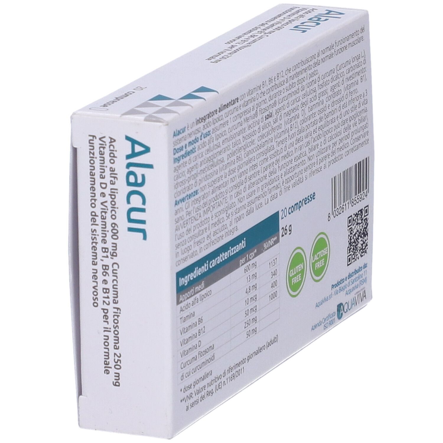 Scatola Alacur, in diagonale. Ingredienti, informazioni nutrizionali, sigilli senza glutine e senza lattosio. Informazioni produttore e QR code.