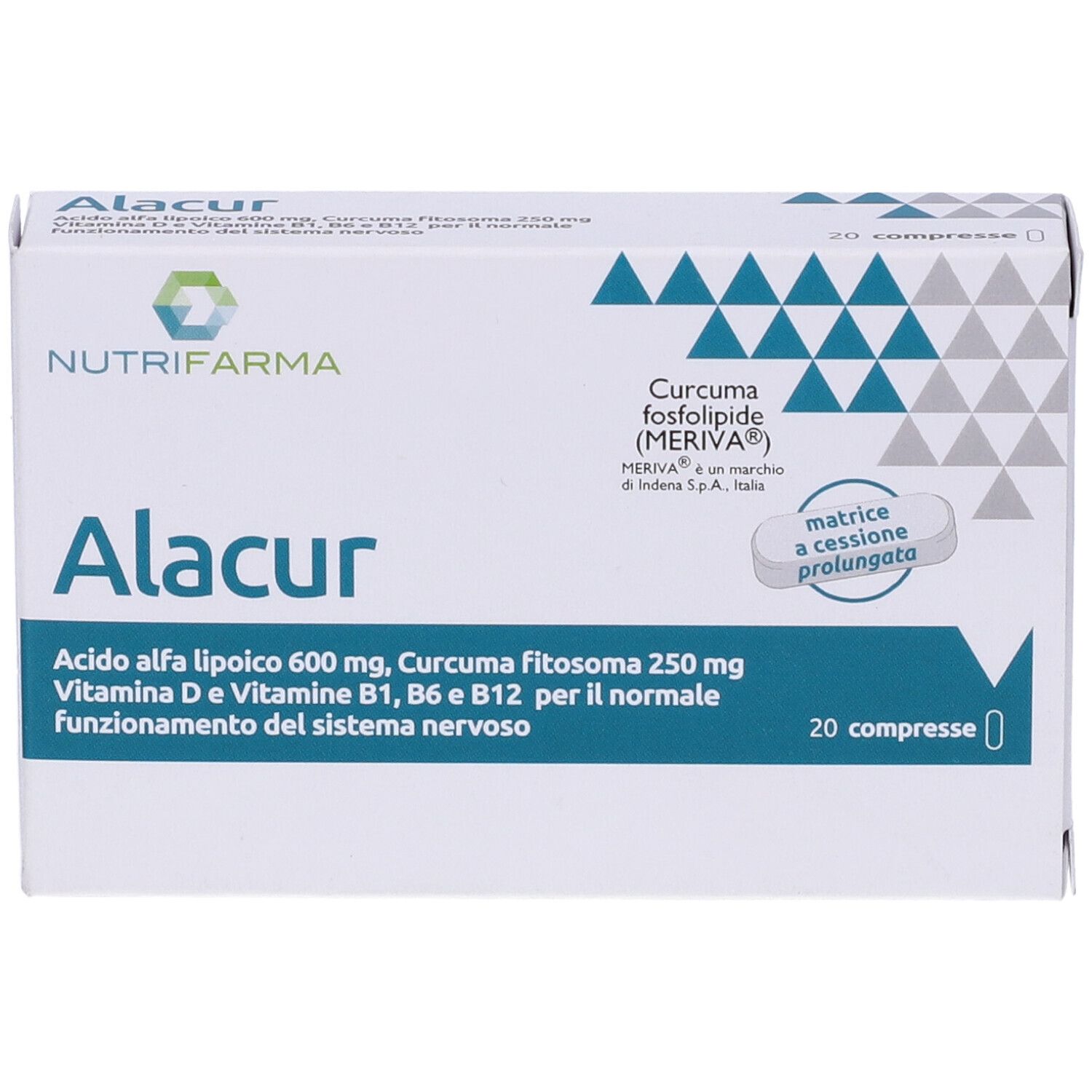 Scatola bianca con triangoli blu. Scritta Alacur, Nutrifarma. Contiene 20 compresse. Ingredienti: acido alfa-lipoico, curcuma.