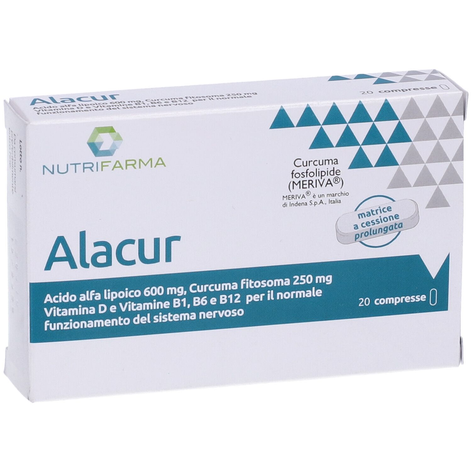 Scatola bianca con triangoli blu. Scritta Alacur, Nutrifarma. Contiene 20 compresse. Ingredienti: acido alfa-lipoico, curcuma.