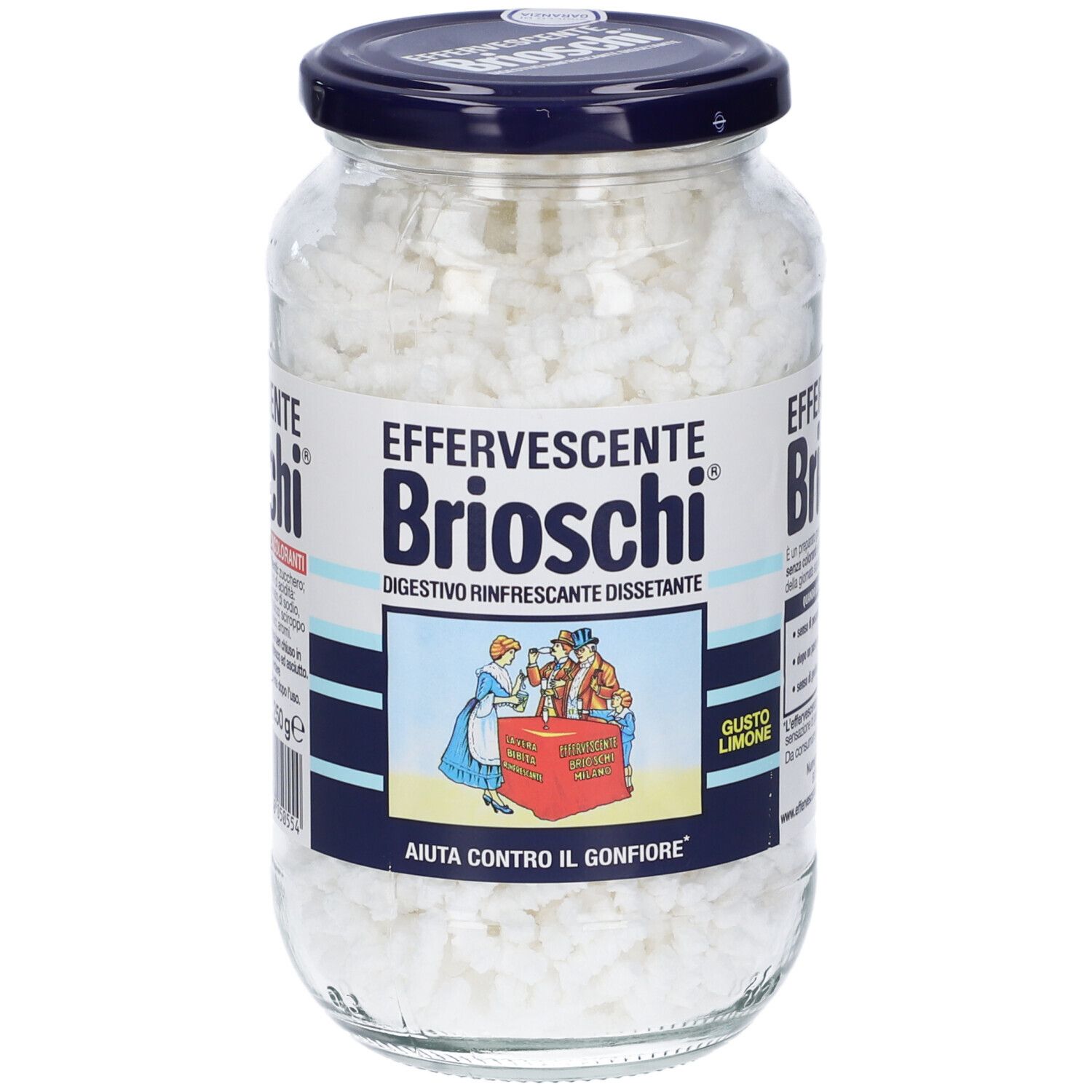 Barattolo di vetro con compresse bianche. Scritta: Effervescente Brioschi®. Coperchio blu. Etichetta con illustrazione.