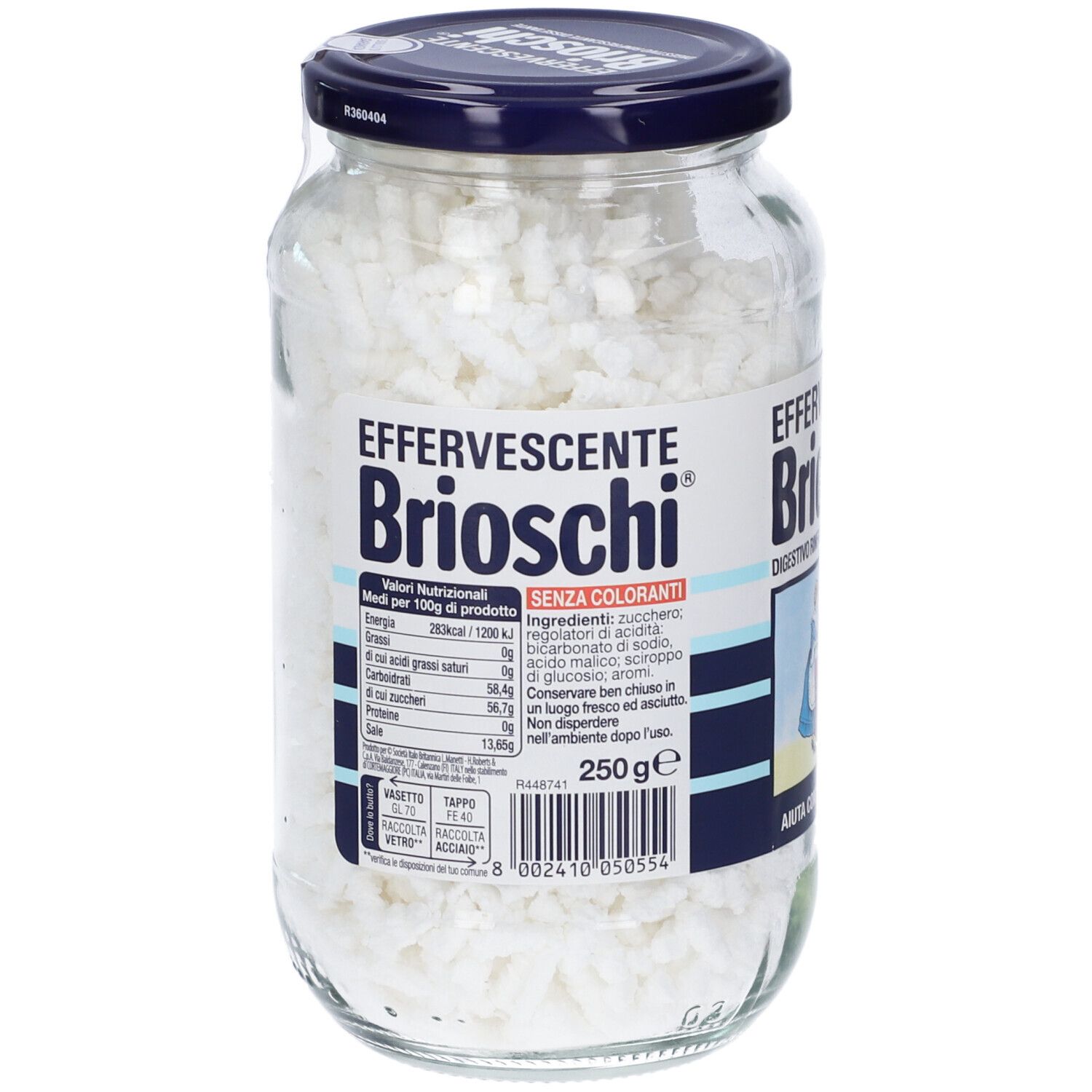 Barattolo di vetro con compresse bianche. Scritta: Effervescente Brioschi®. Coperchio blu. Etichetta con valori nutrizionali e ingredienti.