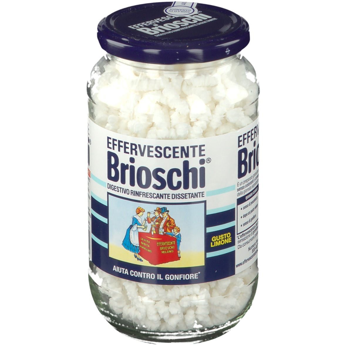 Barattolo di vetro con compresse bianche. Scritta: Effervescente Brioschi®. Coperchio blu. Etichetta con illustrazione.
