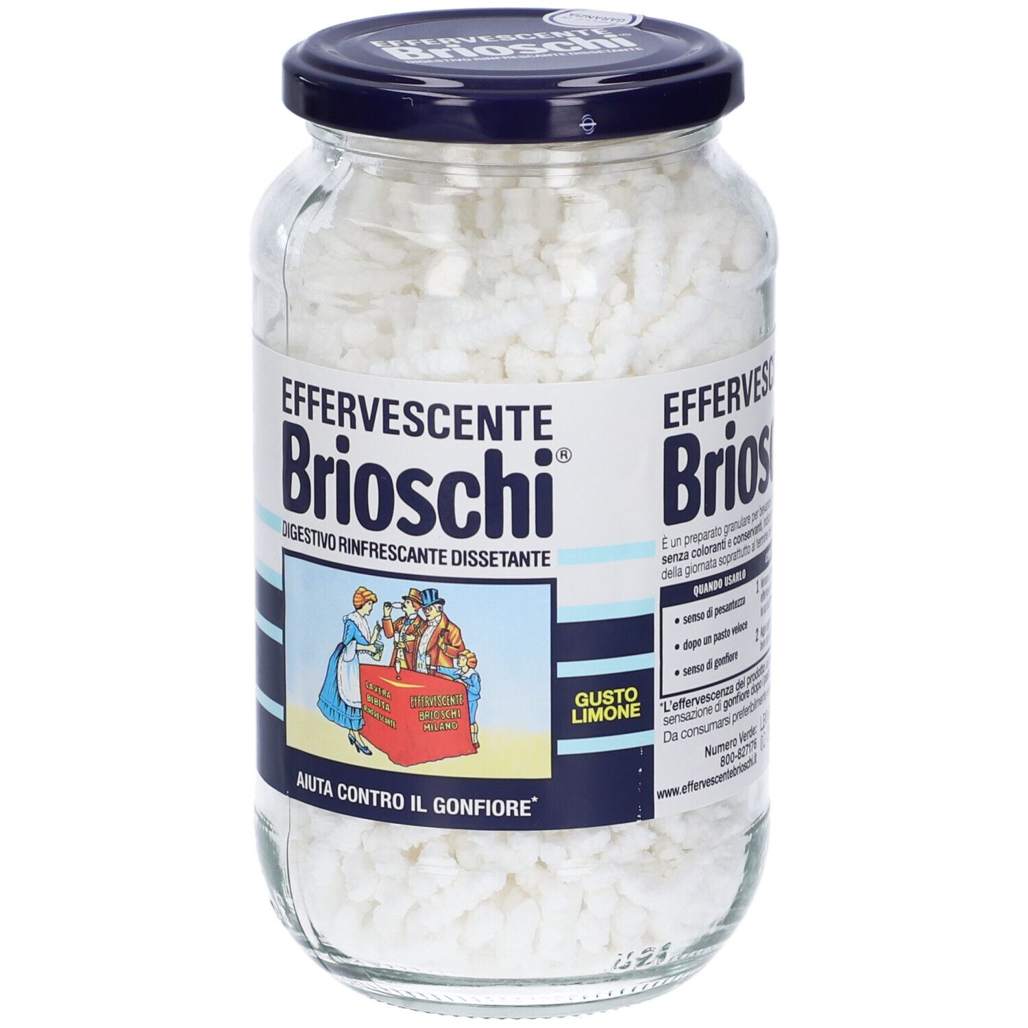 Barattolo di vetro con compresse bianche. Scritta: Effervescente Brioschi®. Coperchio blu. Etichetta con illustrazione.