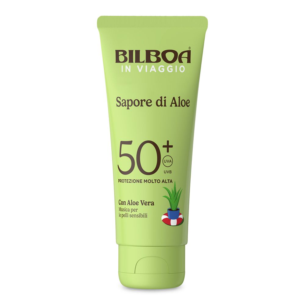 Tubo verde di crema solare. Scritta: Bilboa In Viaggio, Sapore di Aloe, SPF 50+. Con Aloe Vera.