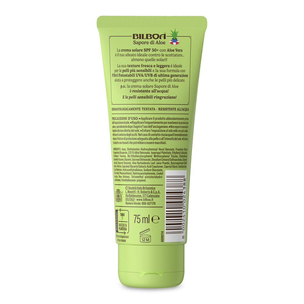 Retro del tubo di crema solare verde. Testo in italiano. Ingredienti e informazioni.