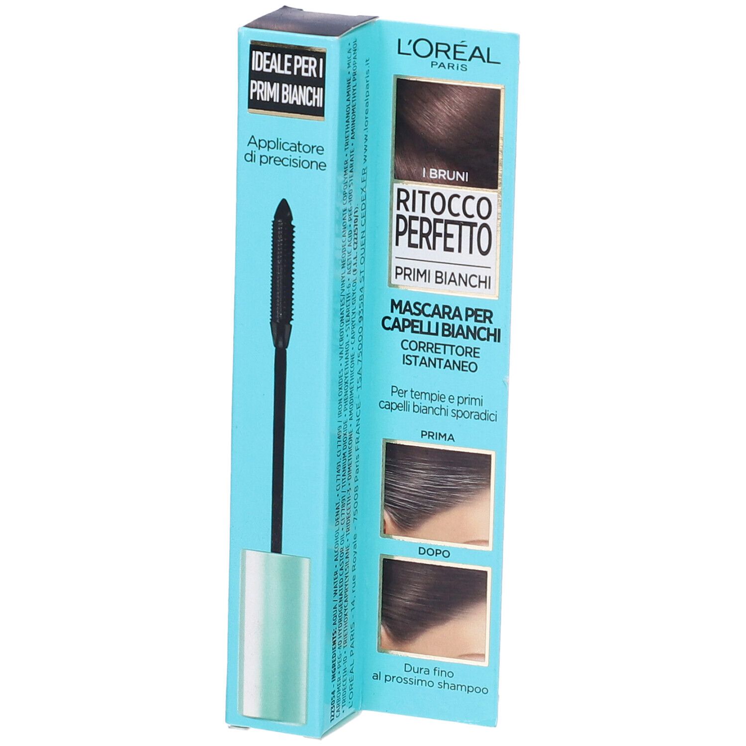 Scatola L'Oréal Paris Ritocco Perfetto Mascara. Scritto: I Bruni, Mascara per Capelli Bianchi. Applicatore di precisione.